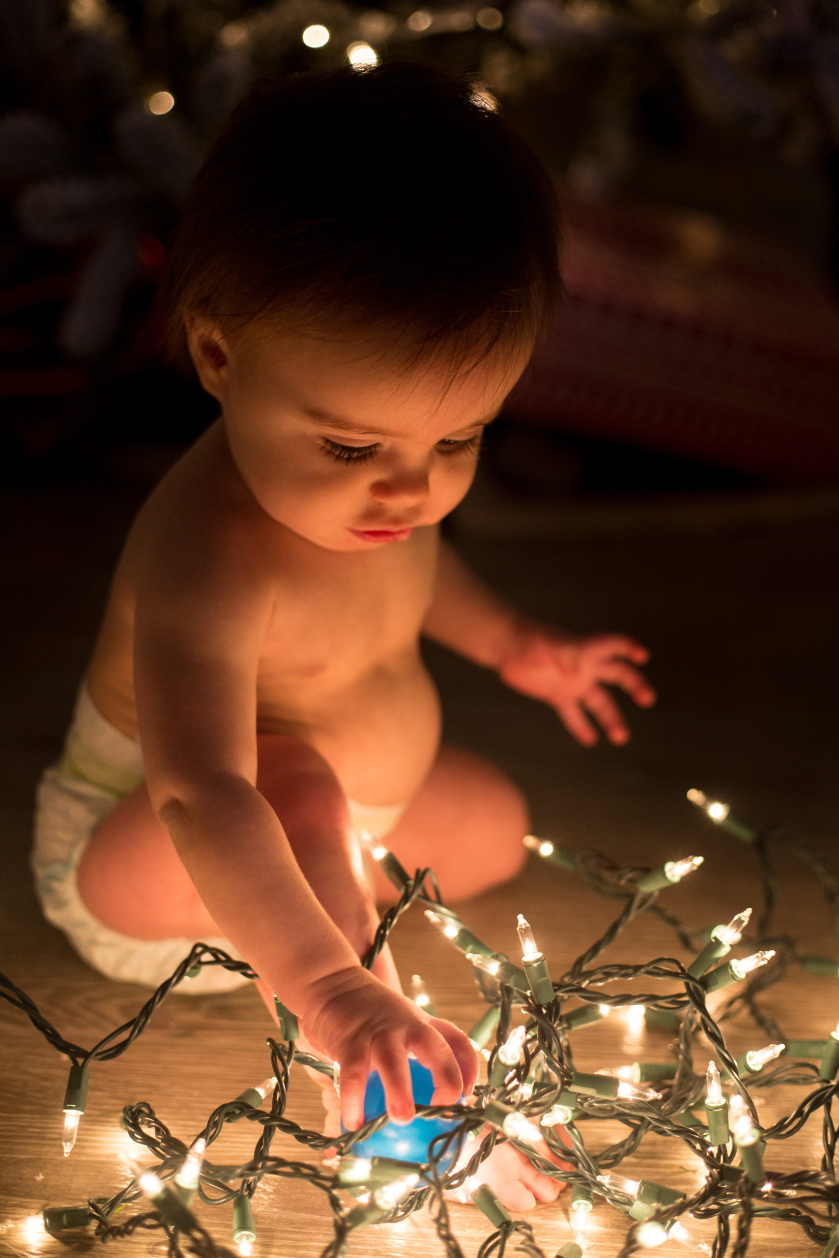 baby playing with christmas lights