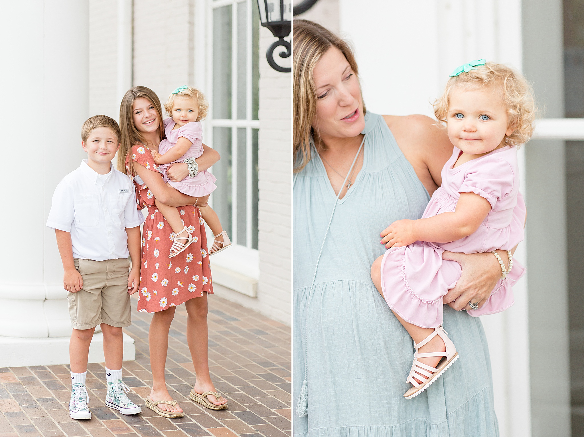 mom poses with three children during family session in Franklin TN