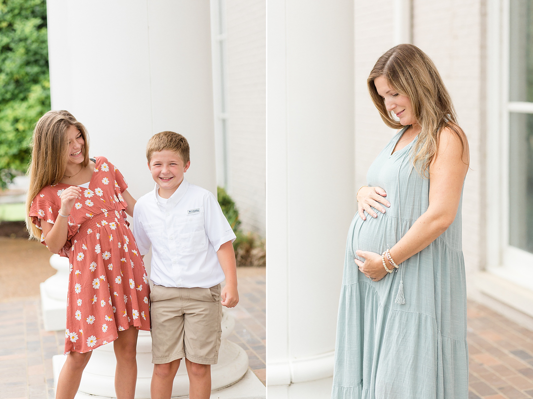 mom in pale green dress holds belly during maternity portraits in Franklin TN