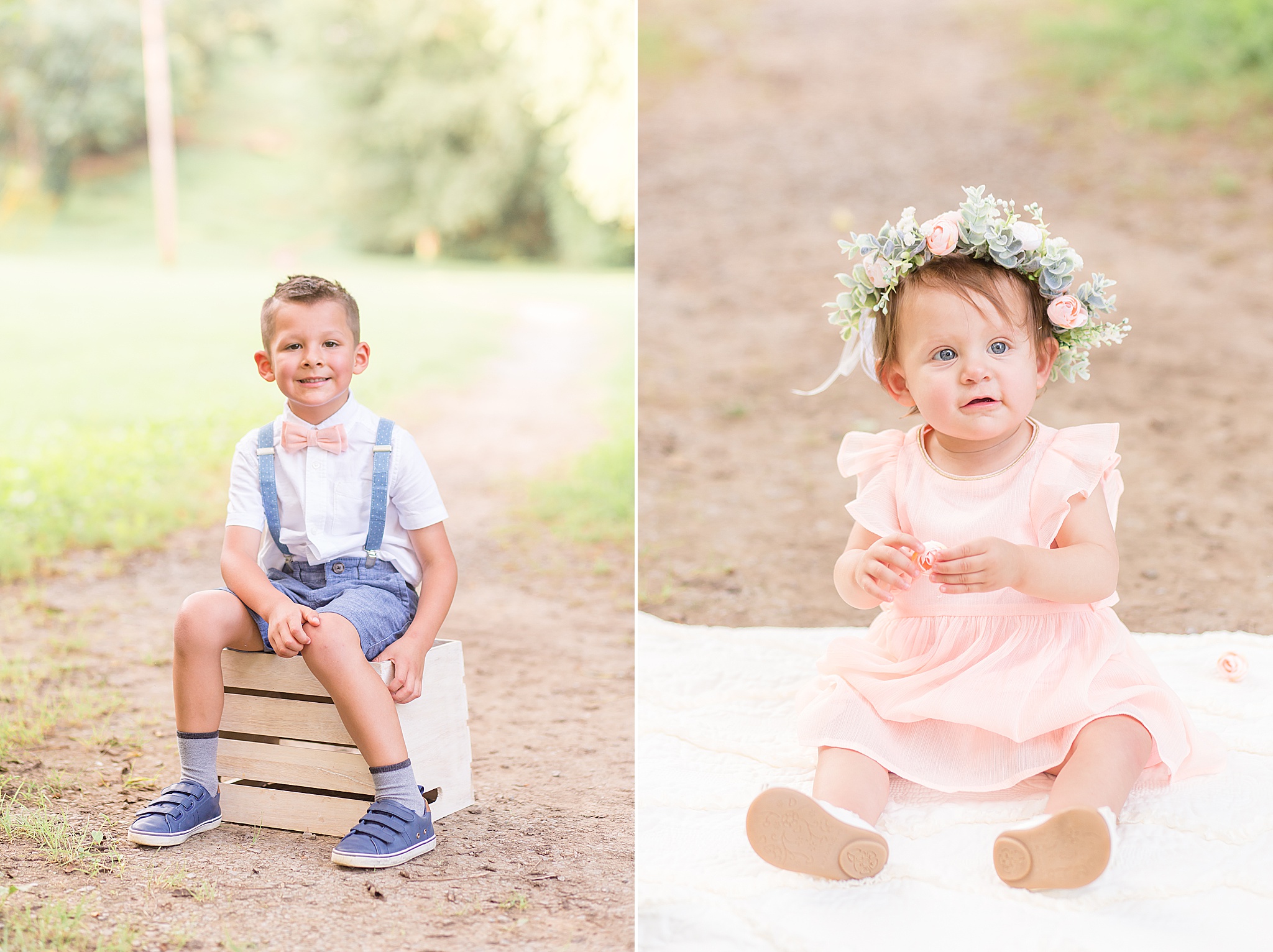 baby girl with flower crown sits on blanket while son in suspenders sits on wooden box