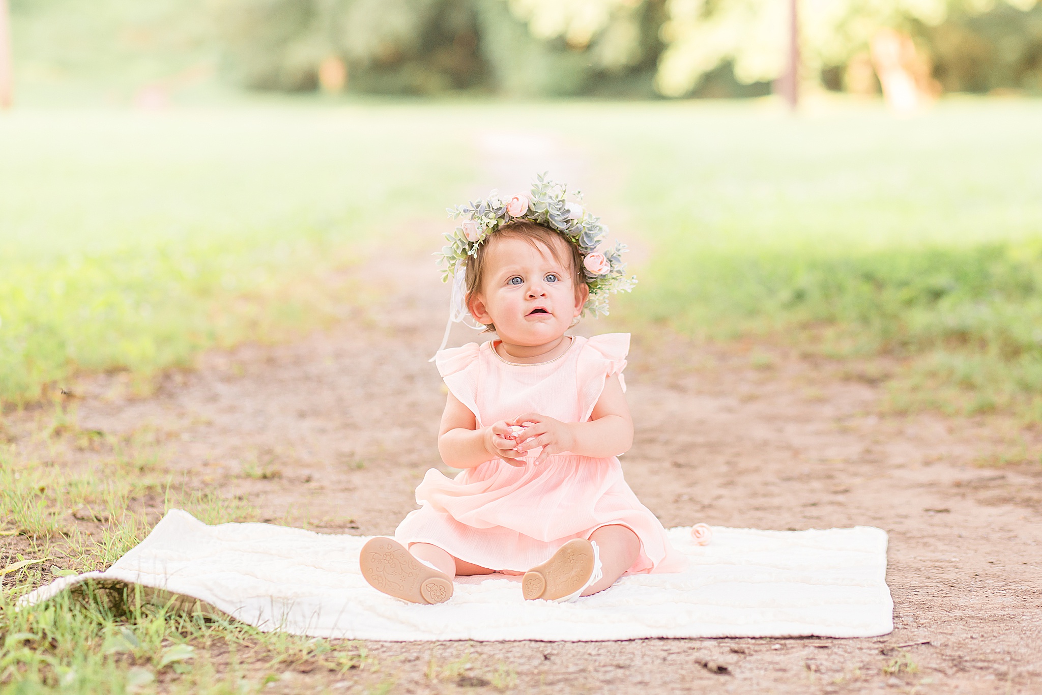 little girl in pink dress with flower crown poses in Pinkerton Park