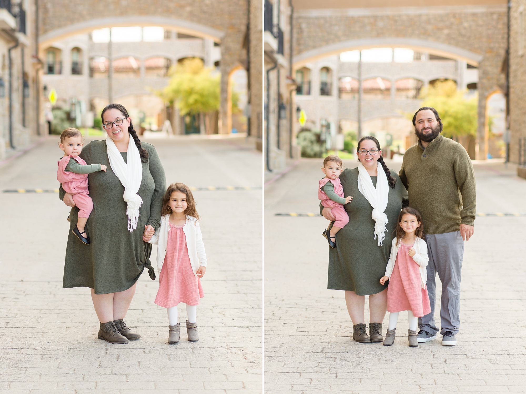 family poses in olive green outfits