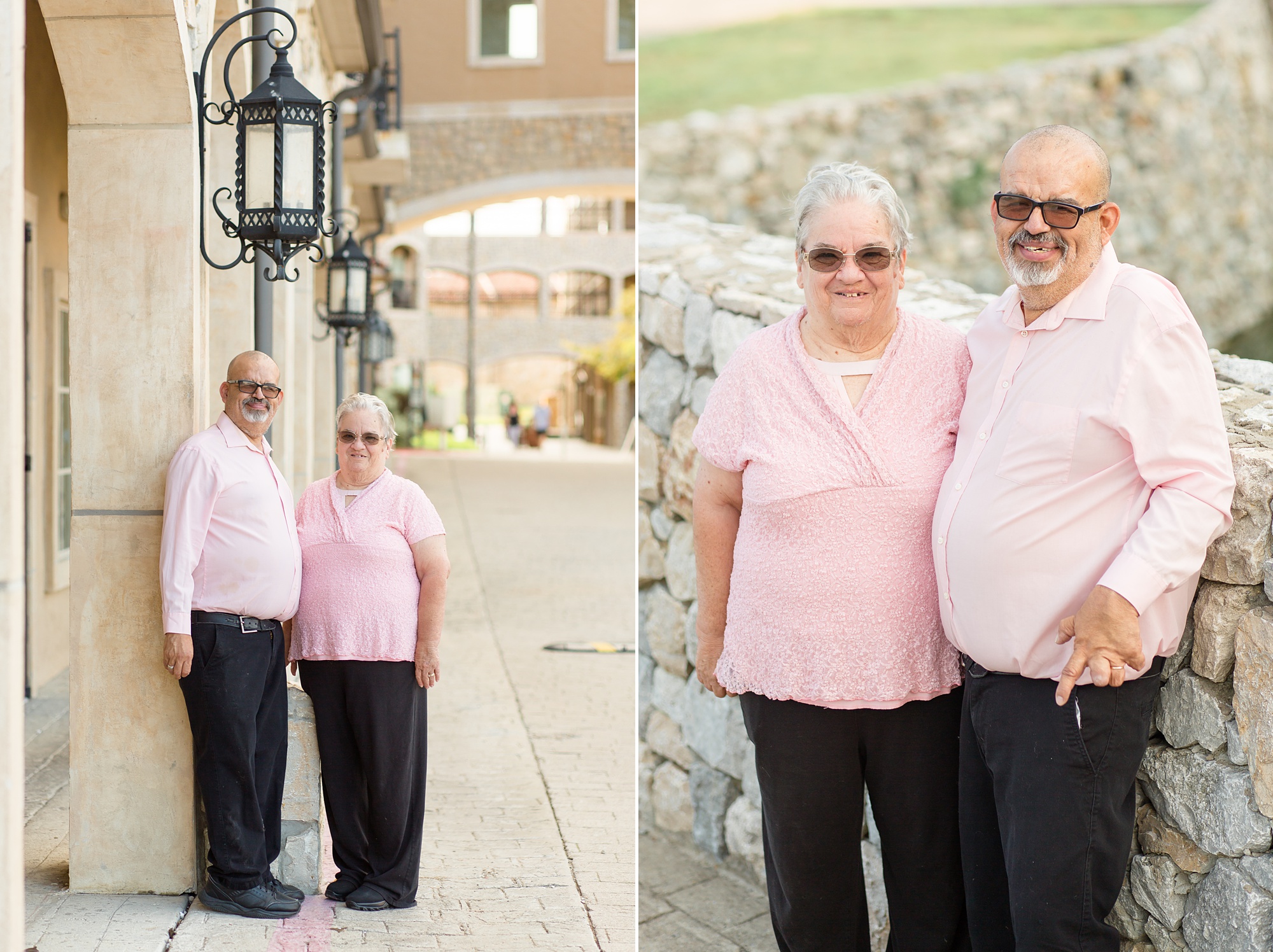 older couple walks through Adriatica Village during fall mini sessions