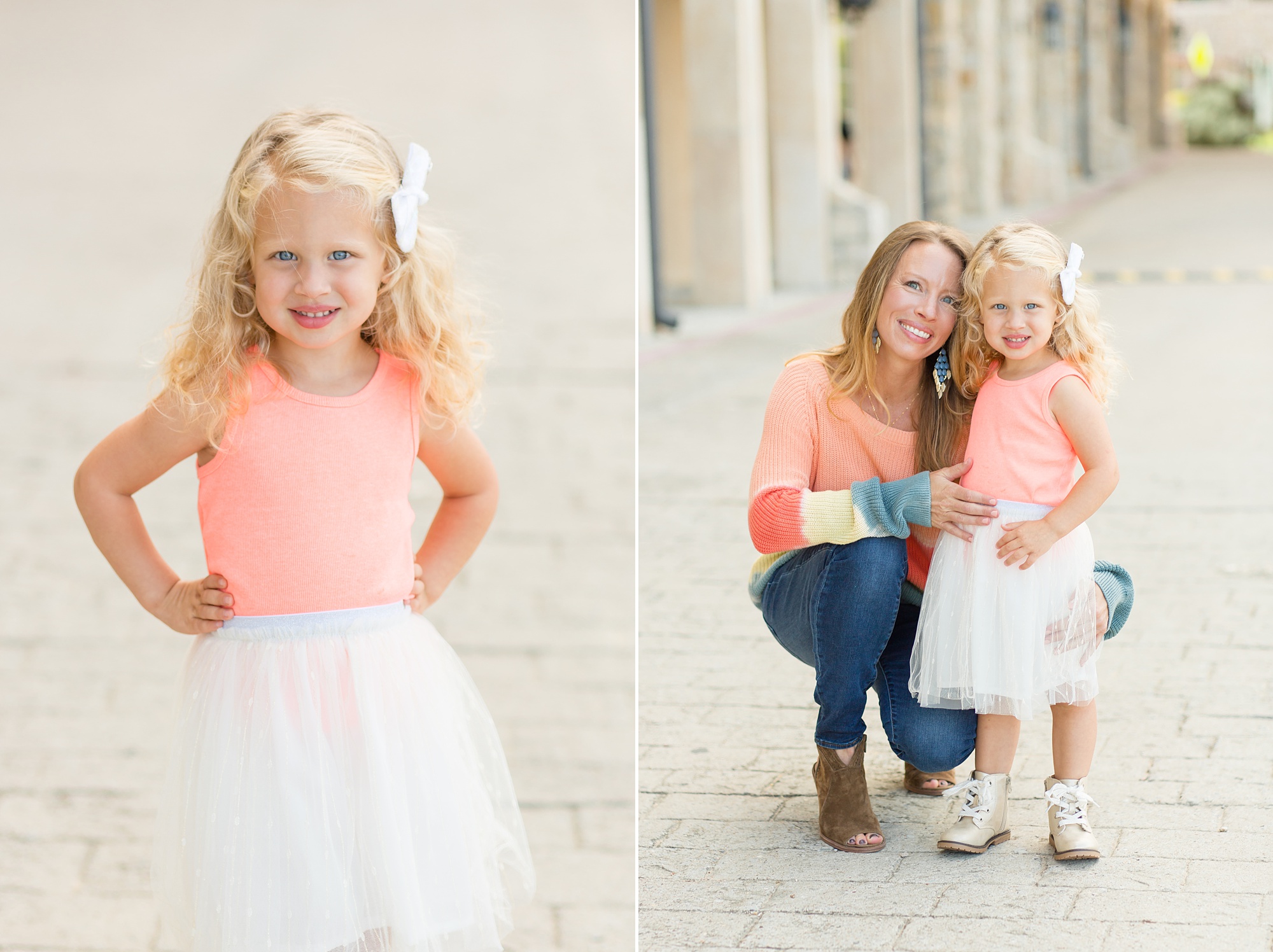 toddler in pink dress poses with mom during McKinney mom and me session