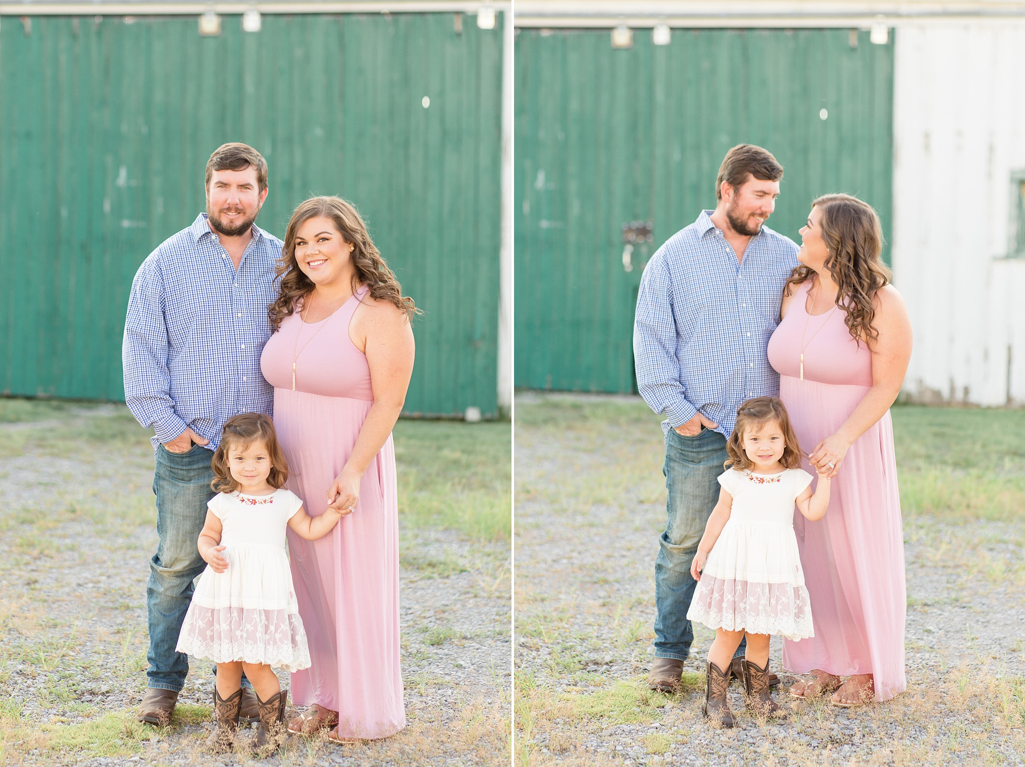 mom and dad smile at each other while toddler daughter looks at them