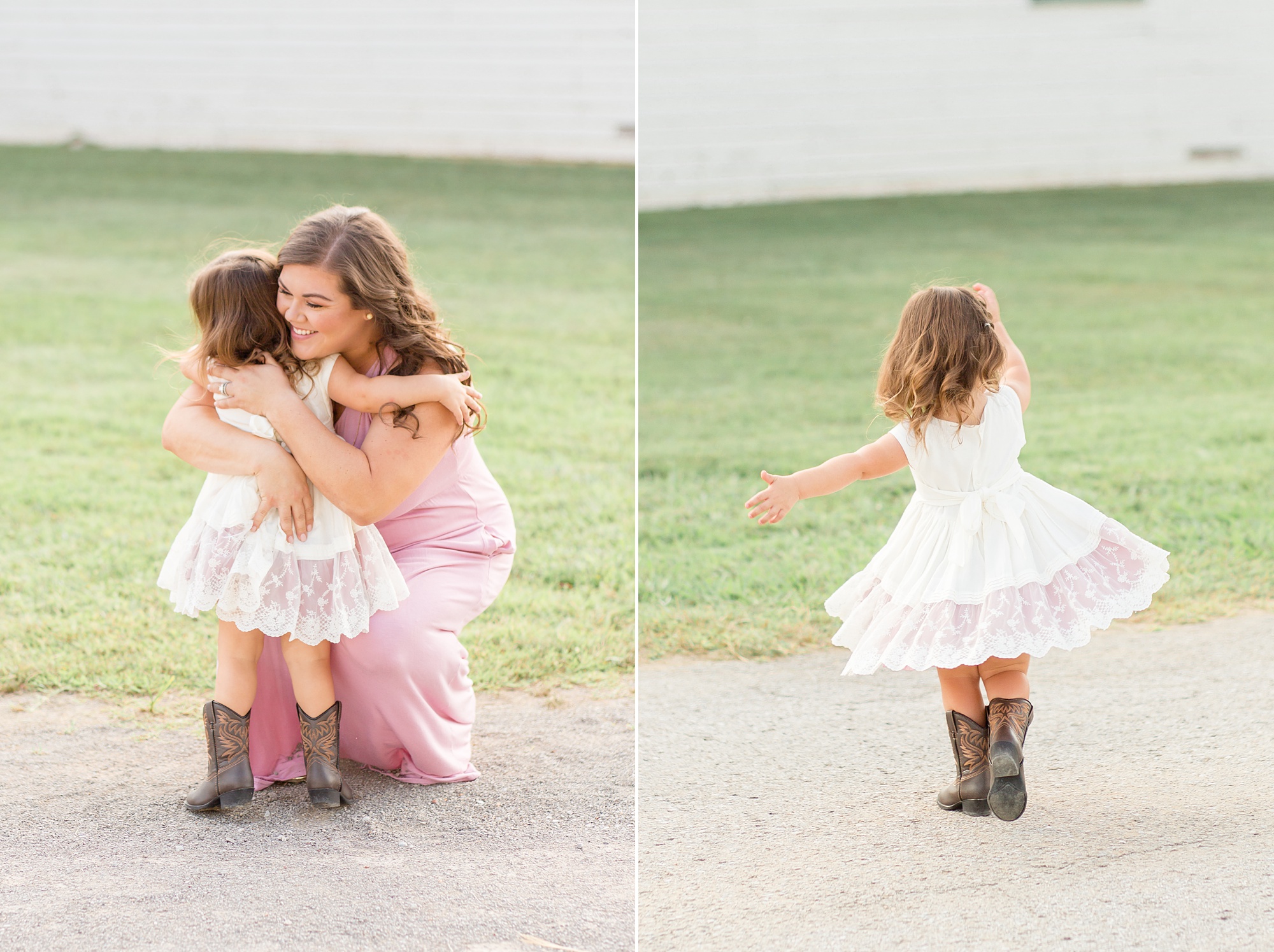 little girl dances during family photos at Harlinsdale Farm