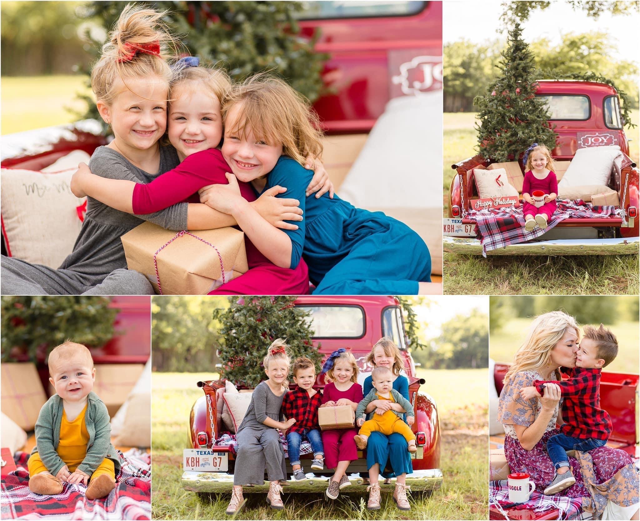 5 kids posing for red truck christmas mini-sessions