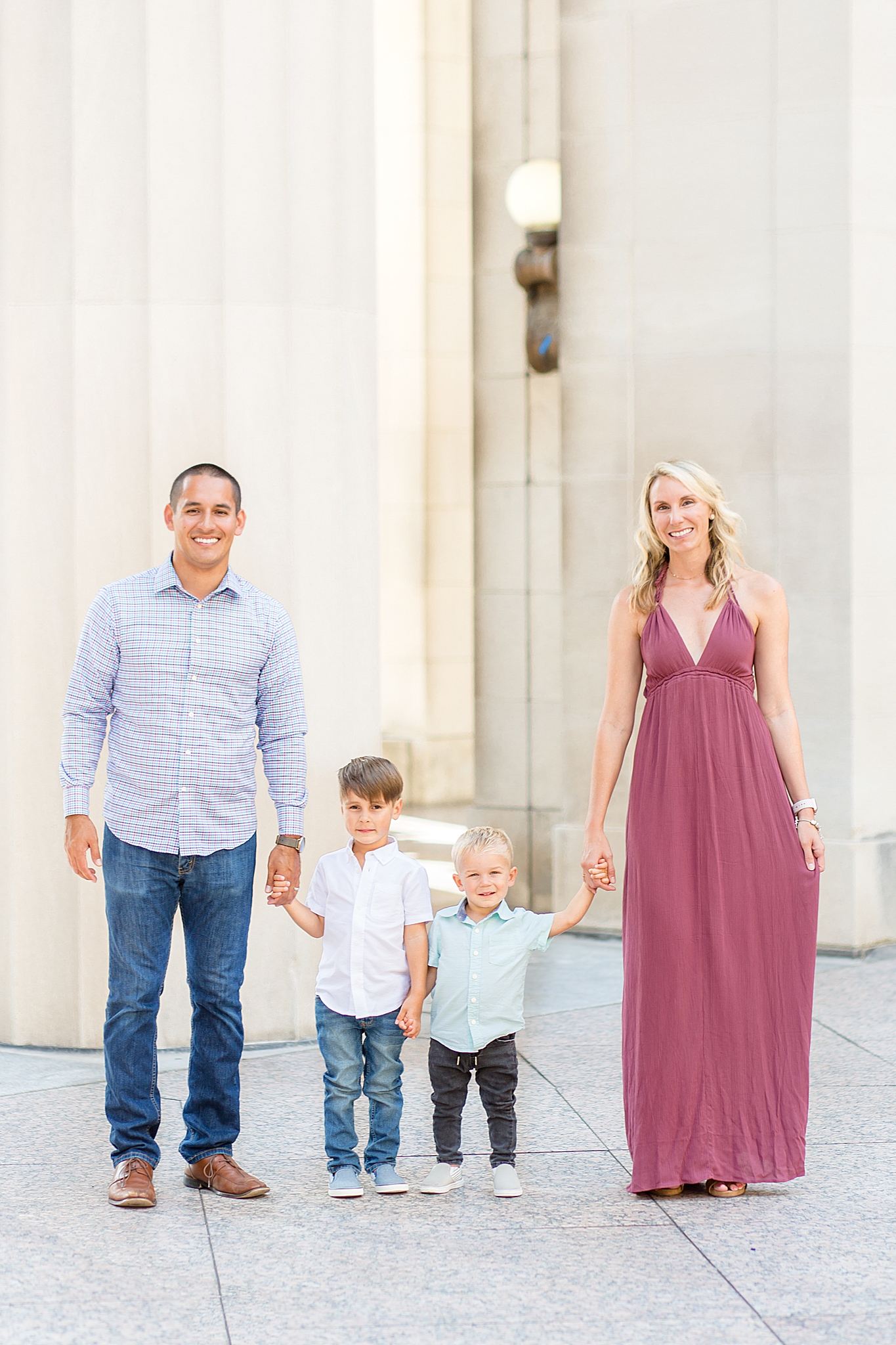 family of four walks through downtown Nashville