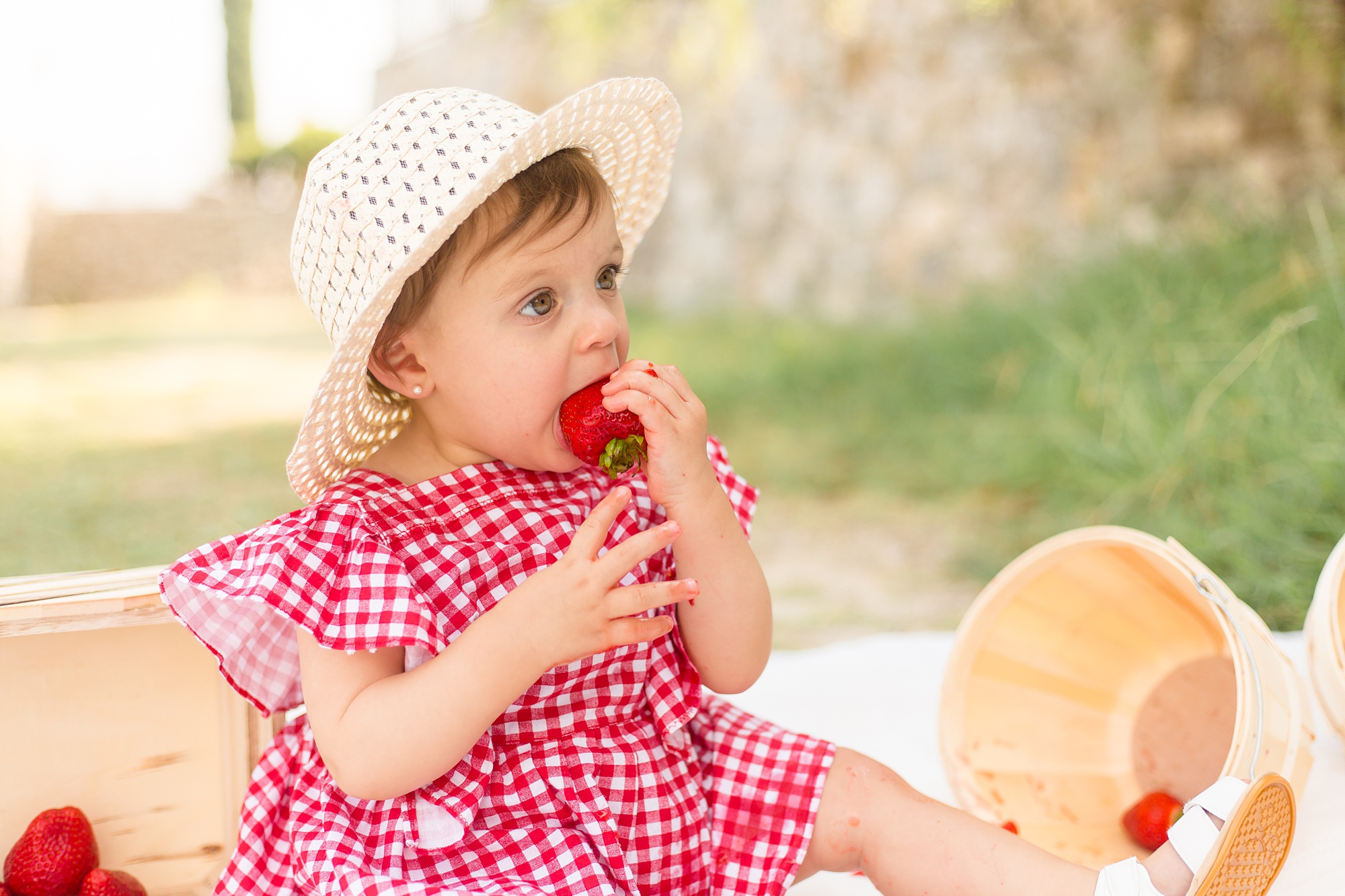 baby eats strawberries during McKinney TX milestone session