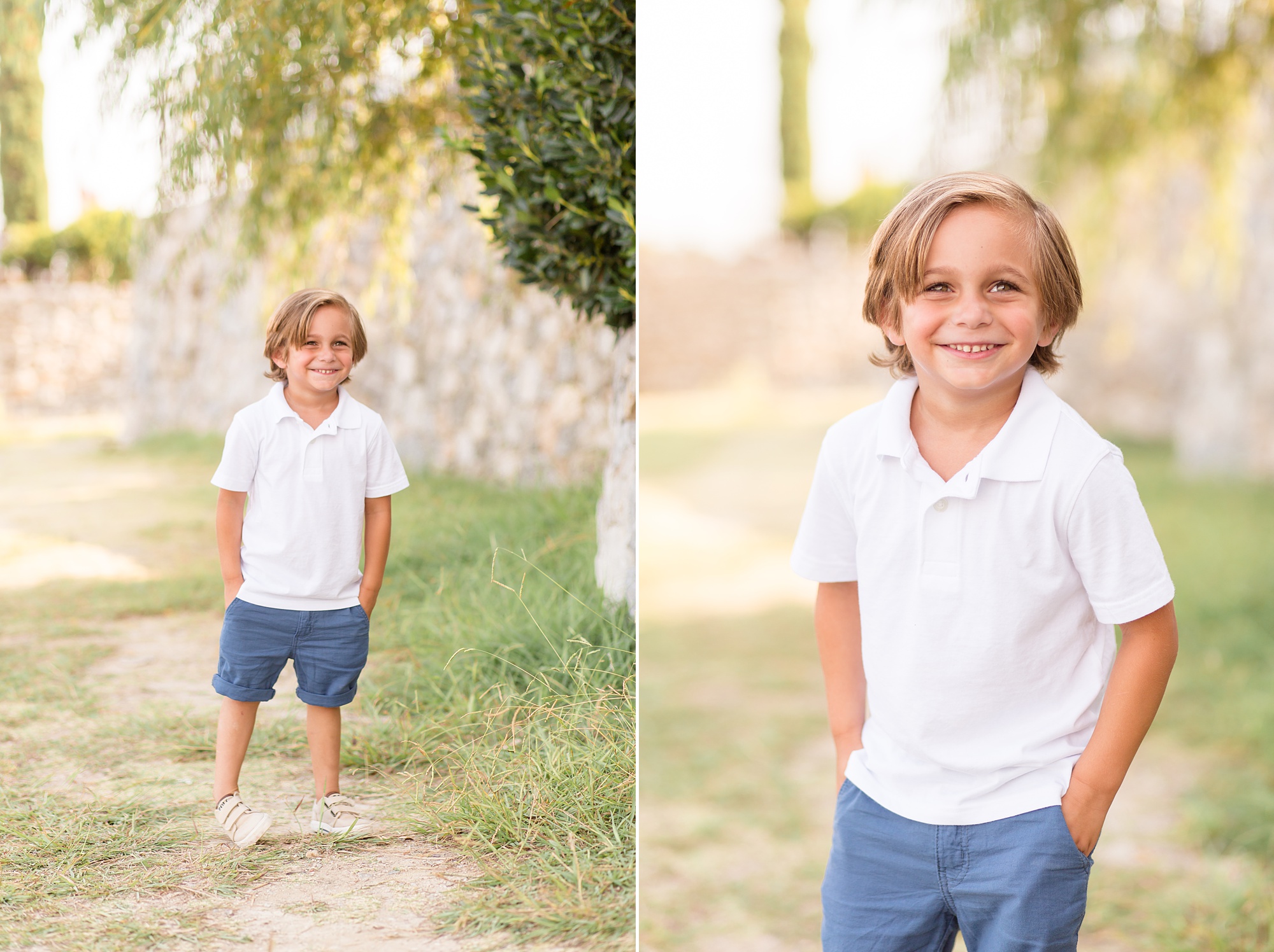 son poses in white polo and blue shorts