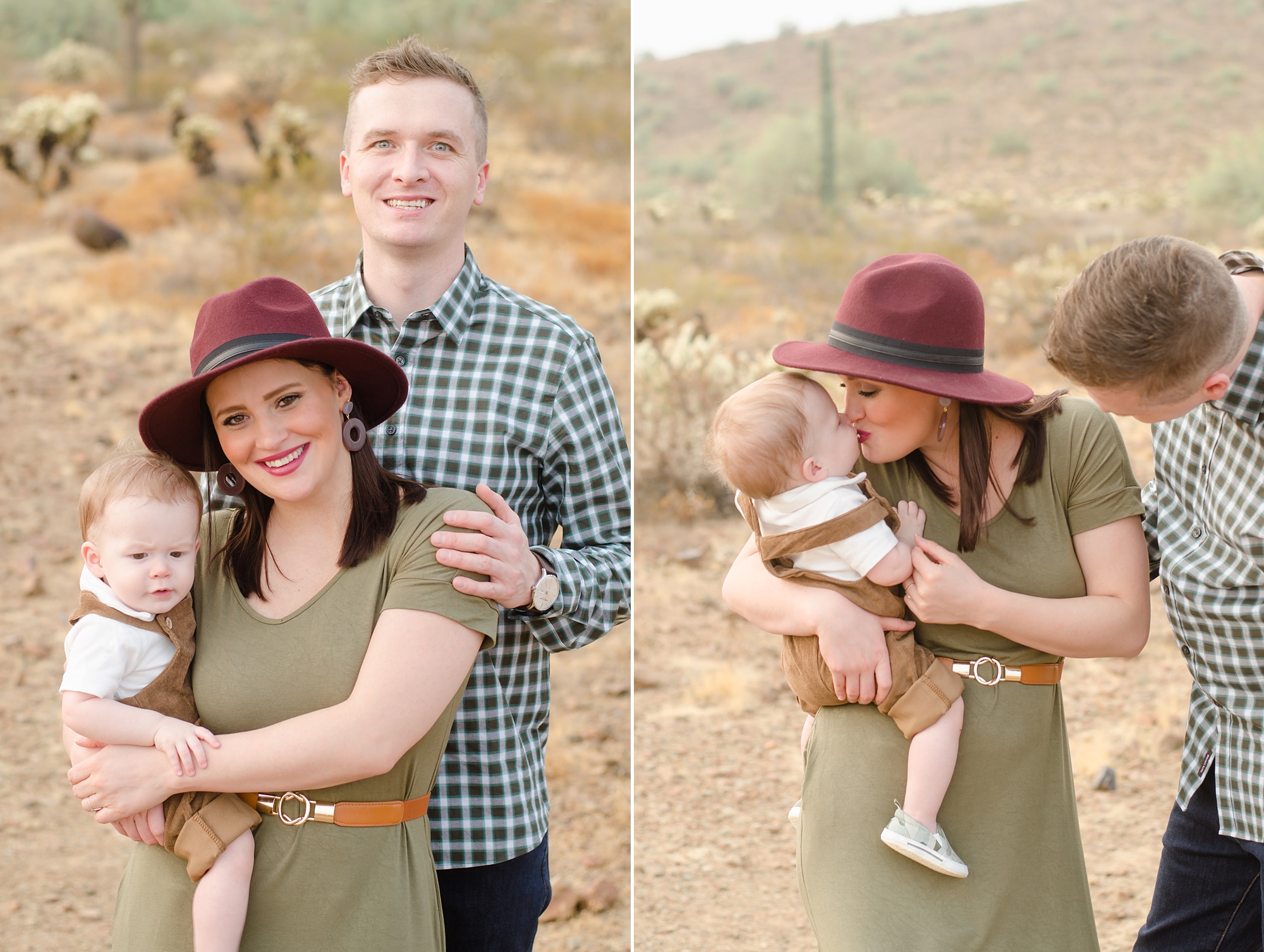family of three poses during Apache Wash Trailhead Family Session