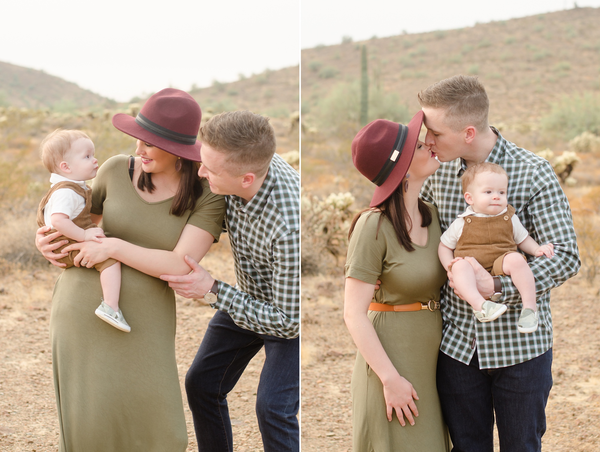 parents play with son during family photos in desert