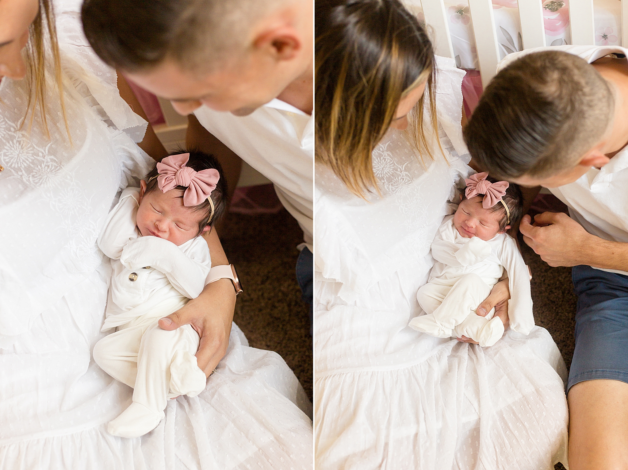 parents look at newborn baby girl during Texas nursery photos