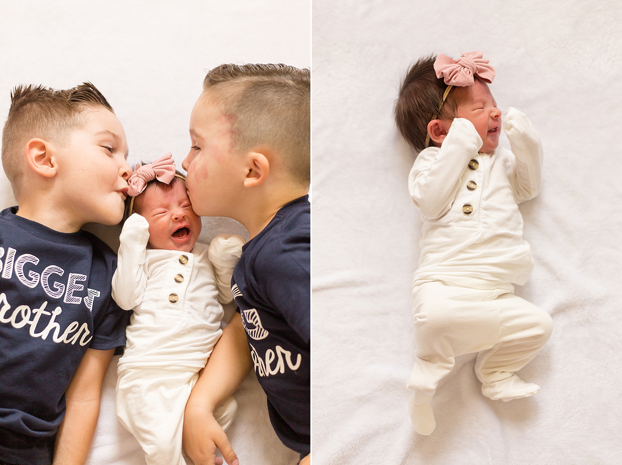 big brothers kiss baby sister during Texas newborn photos