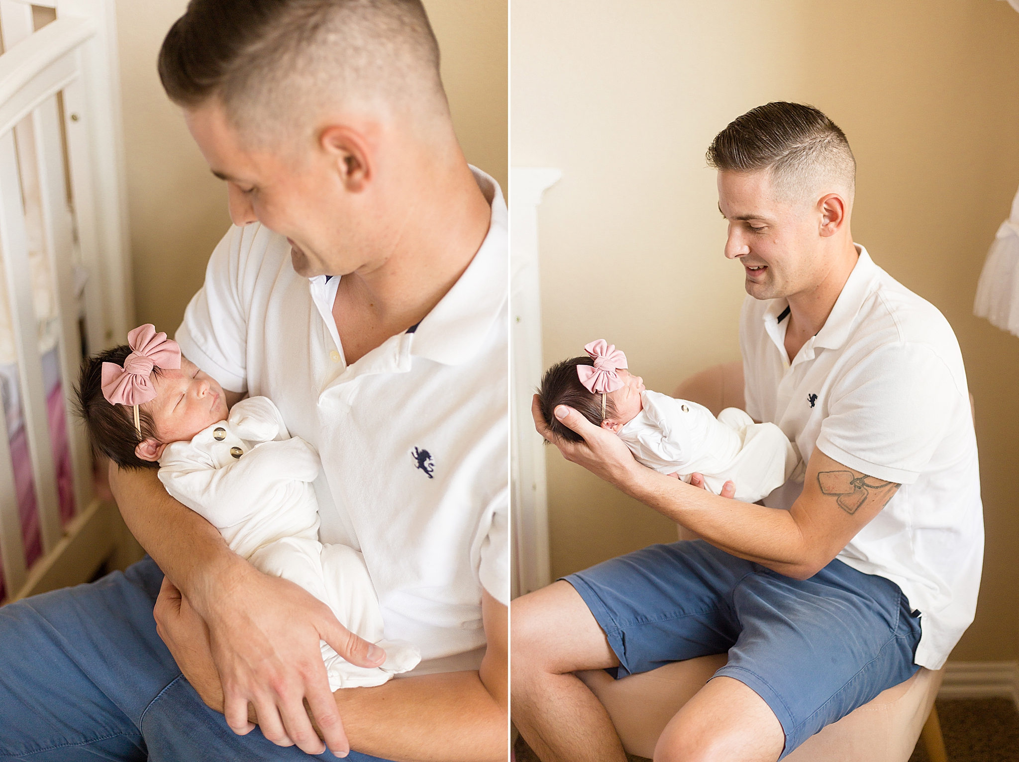dad holds newborn baby girl during at home portraits