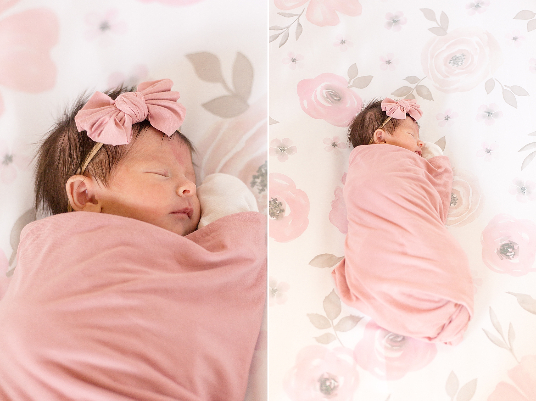 little baby girl sleeps in pink wrap with bow