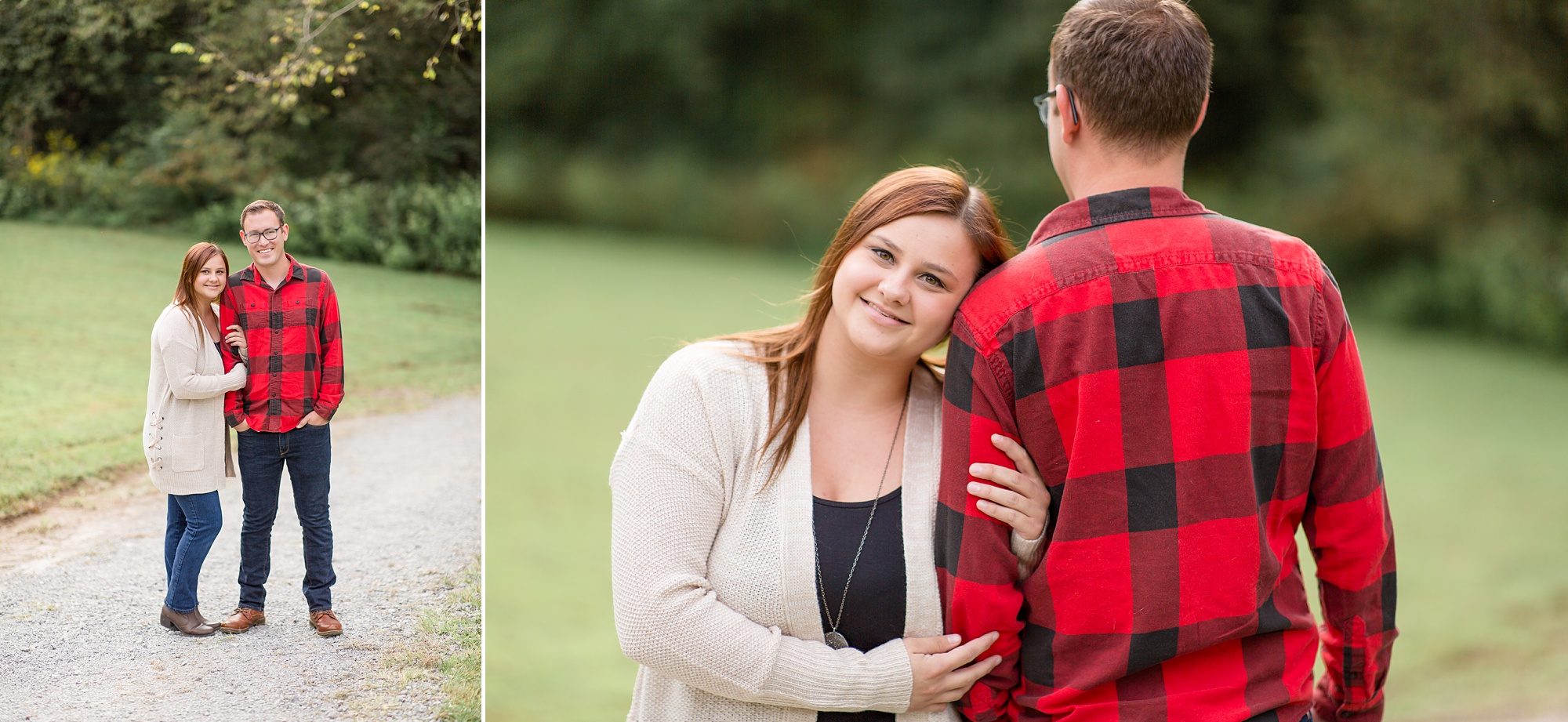 couple in buffalo plaid shirt poses for Rebecca Rice Photography