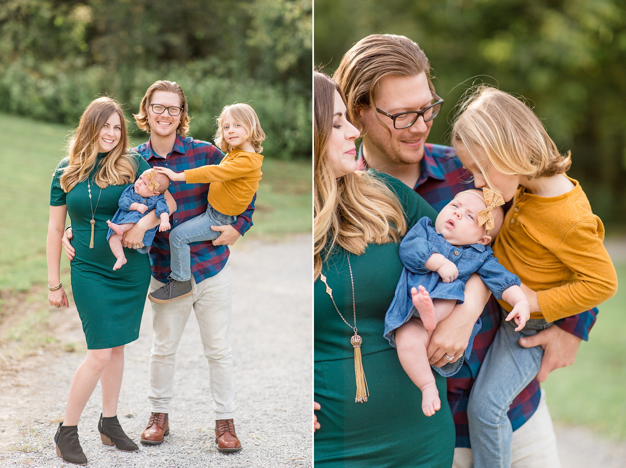 couple in jewel tones holds toddler and newborn baby