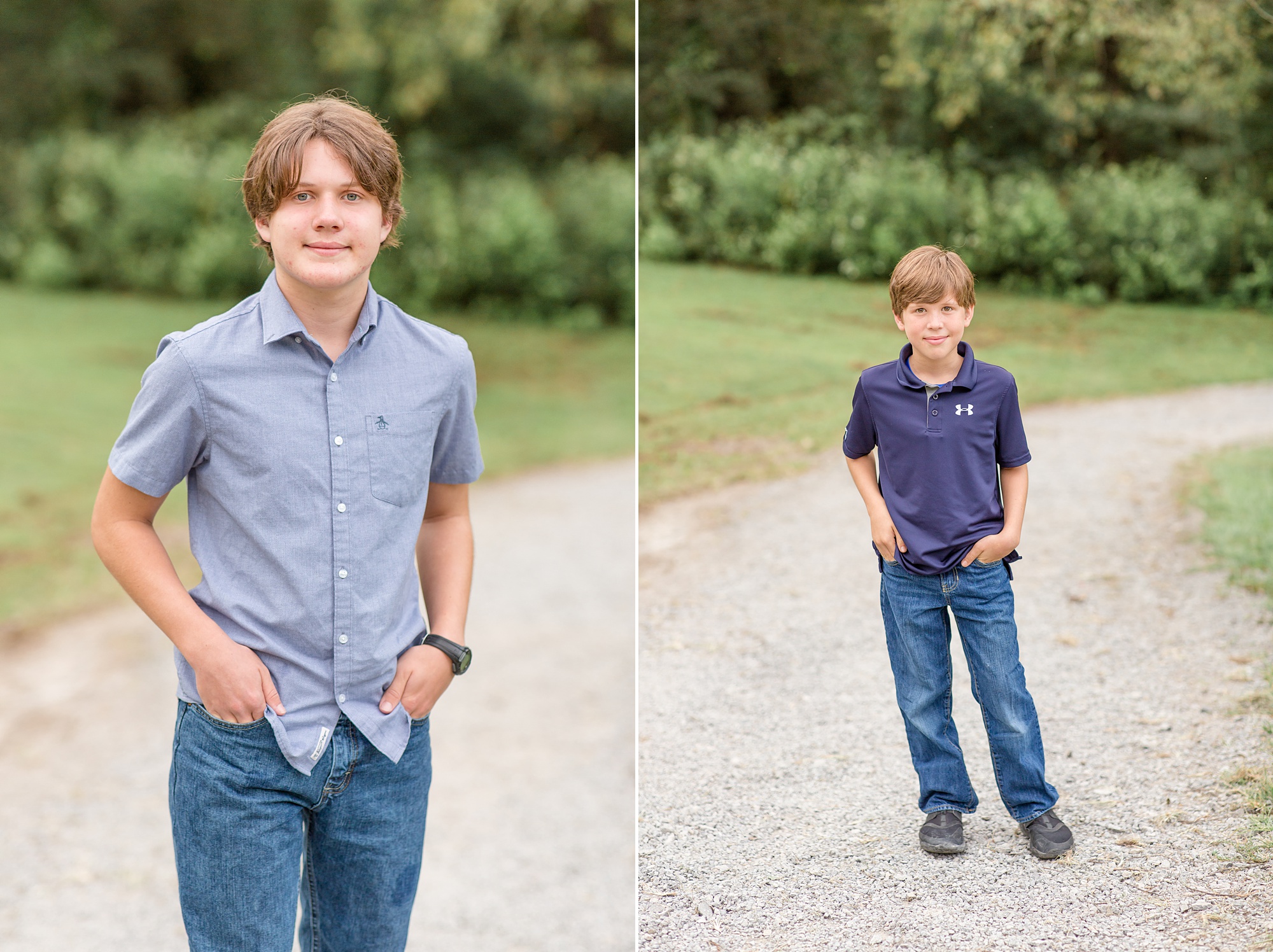 brothers pose with hands in jeans pocket