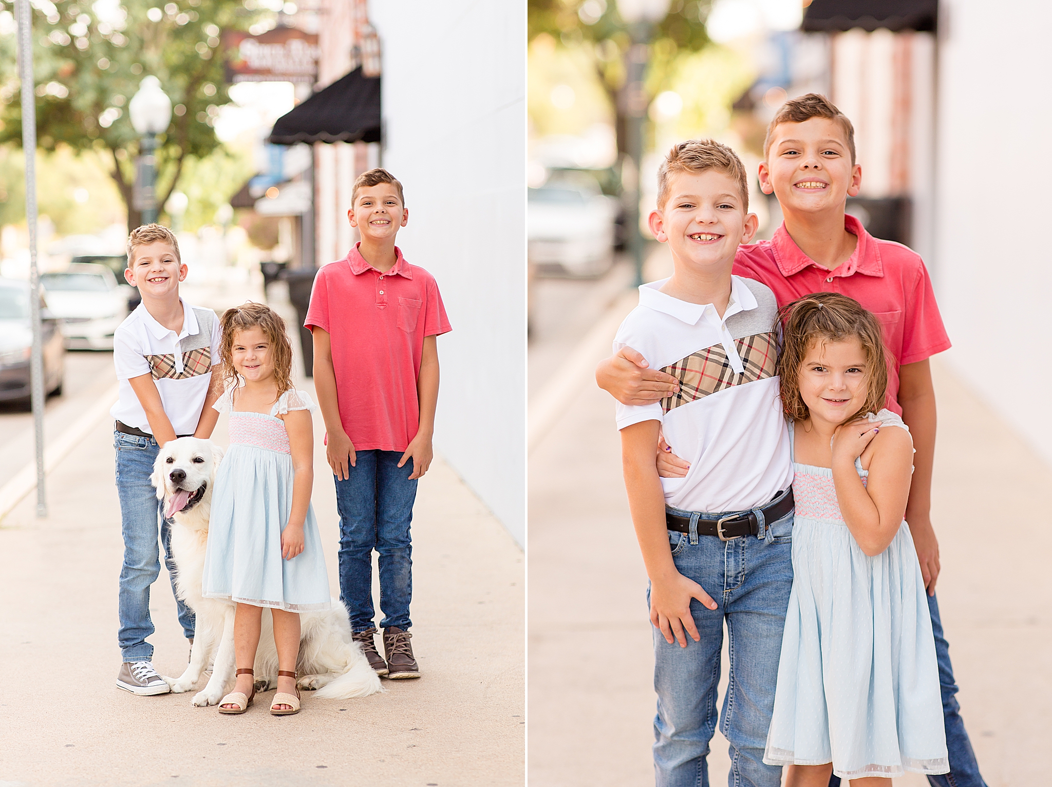 siblings pose for Rebecca Rice during Downtown McKinney Square fall minis