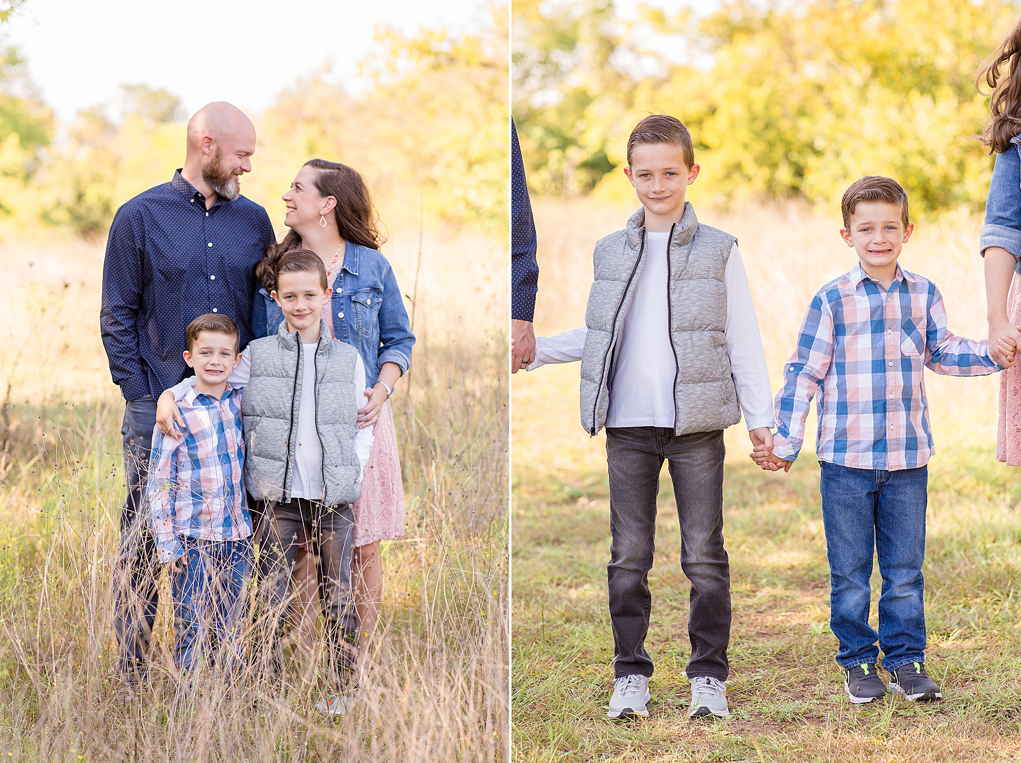 mom and dad pose with two boys during fall family session