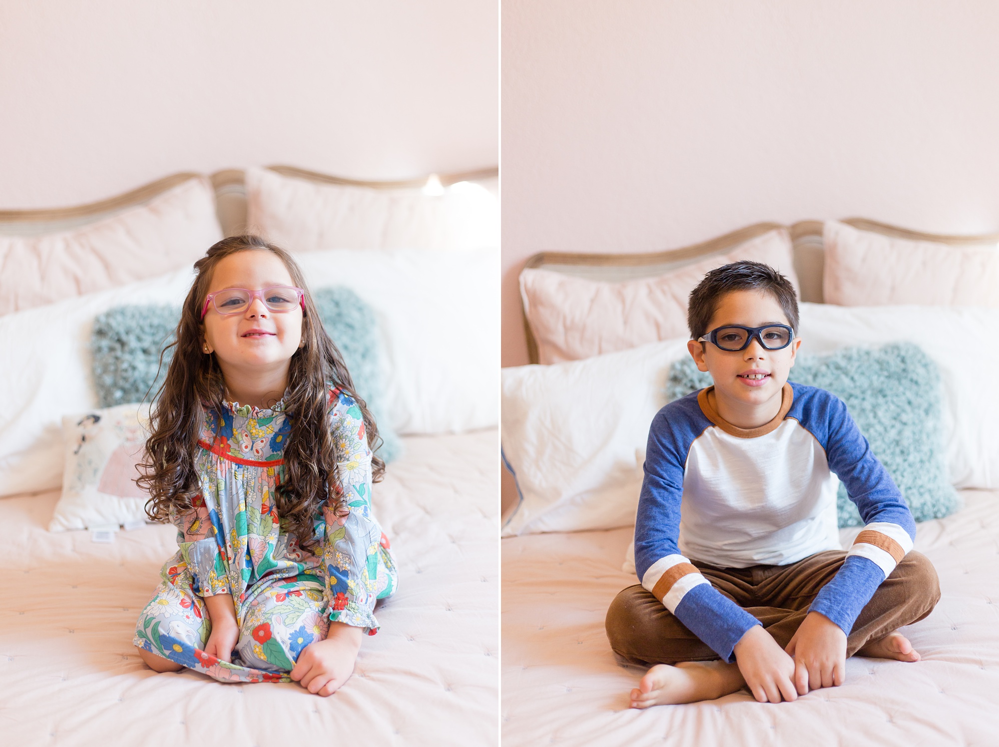 big siblings sit on bed during lifestyle newborn session
