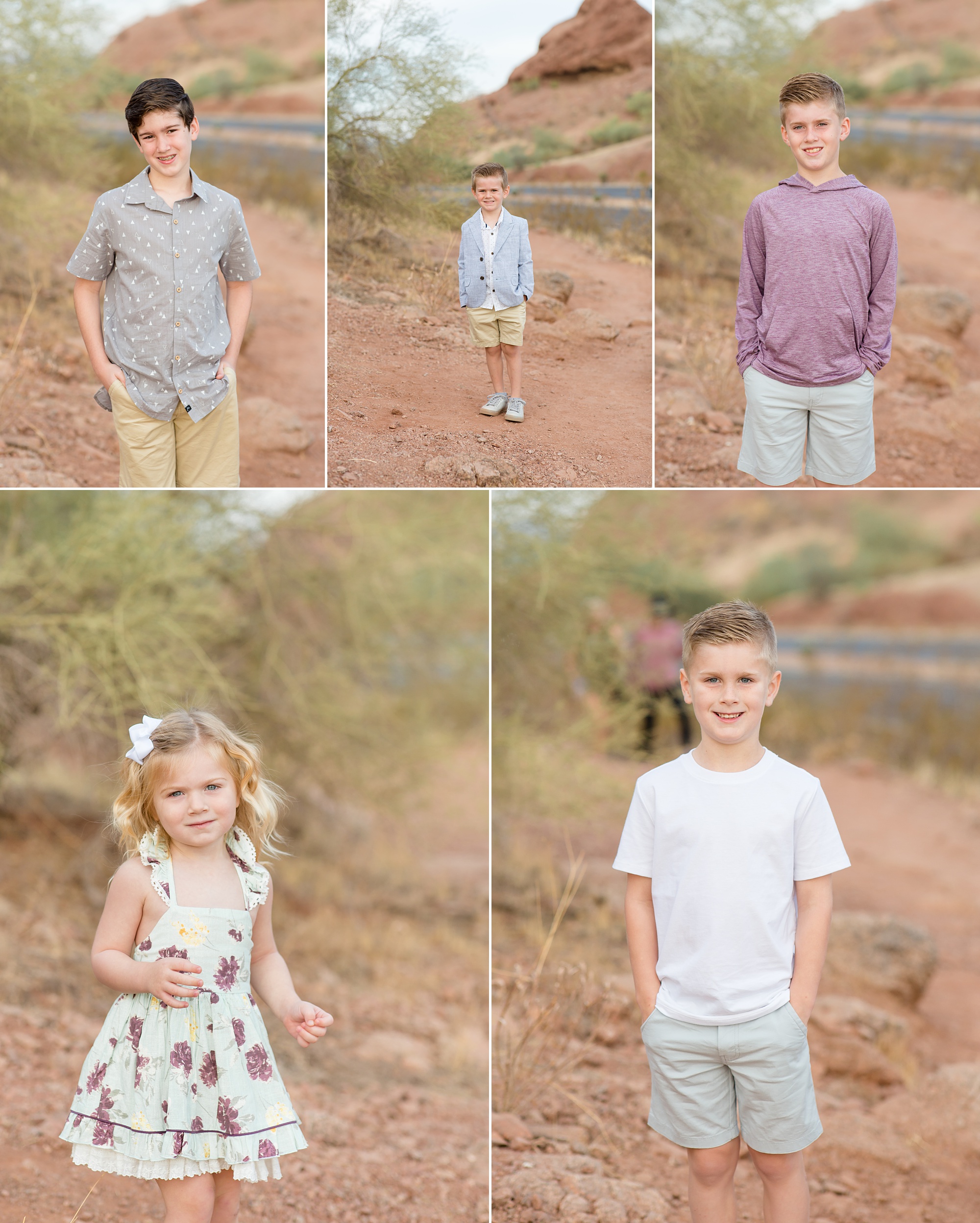 kids pose during family photos in the desert