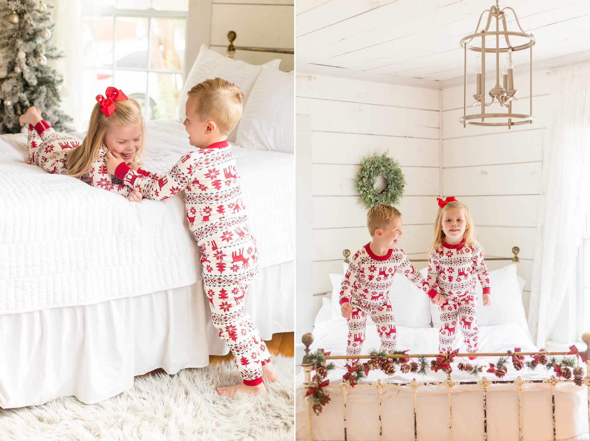 classic mini session on bed with matching pjs