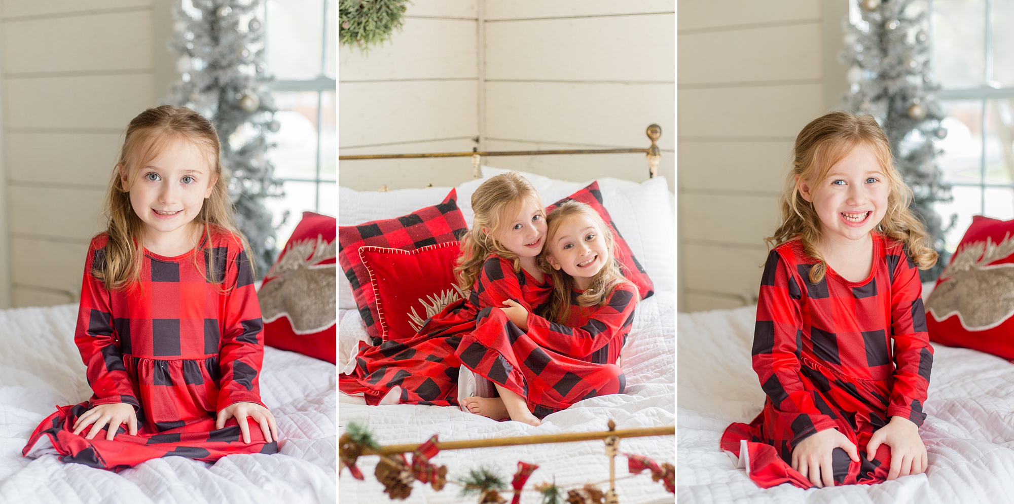 sisters sit on bed together during holiday mini session