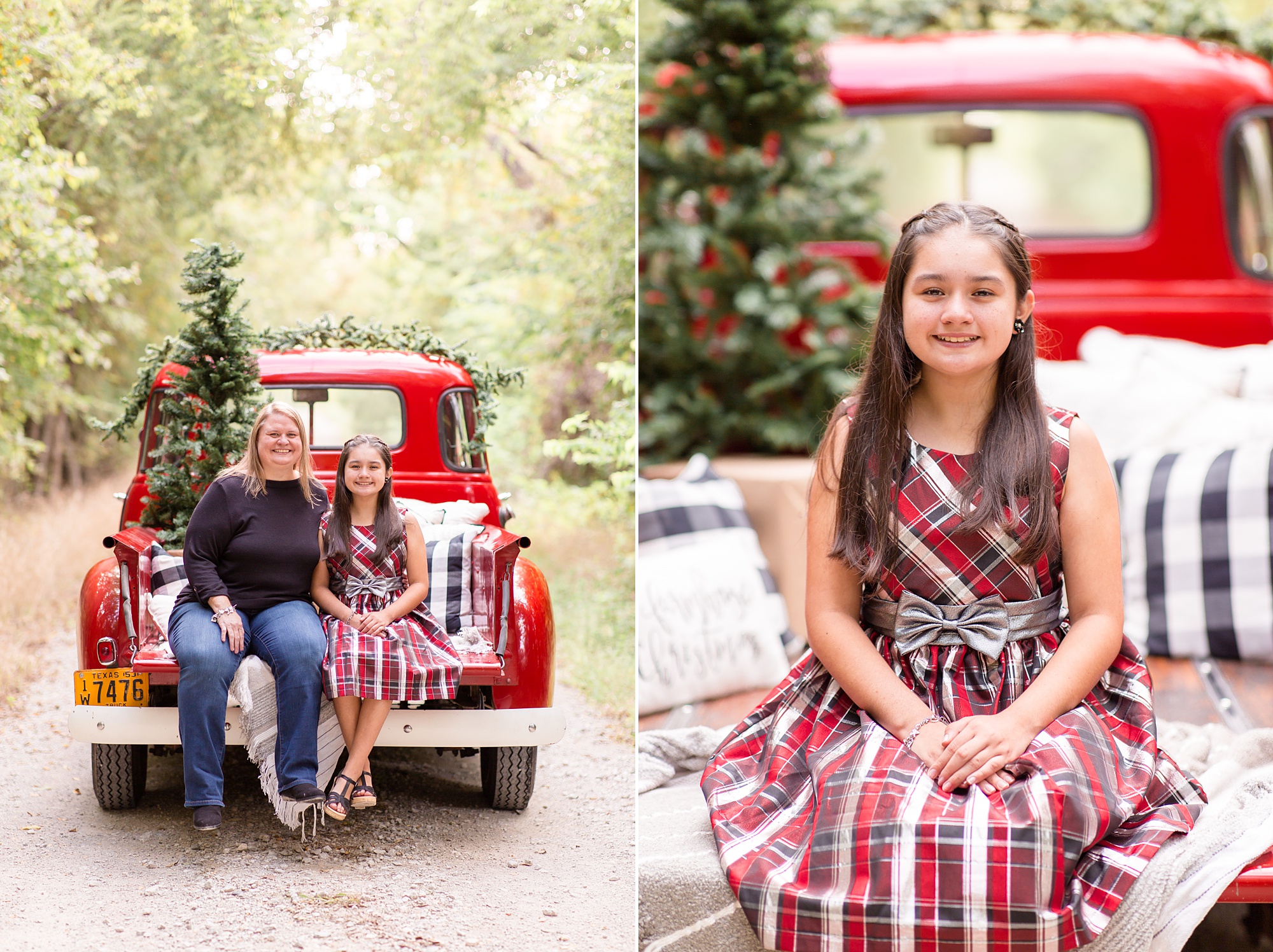 daughter sits on bed of truck in Christmas dress