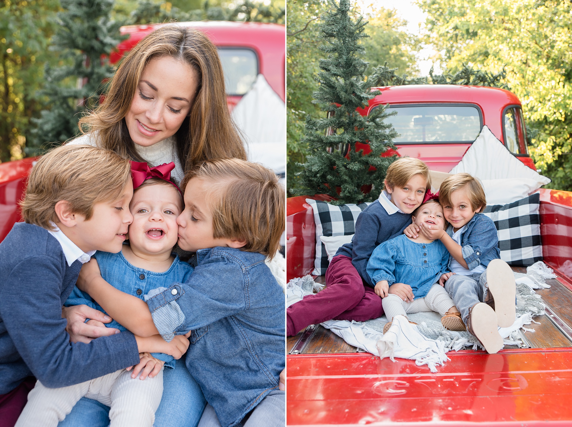 brothers kiss little sister during Red Truck Christmas minis