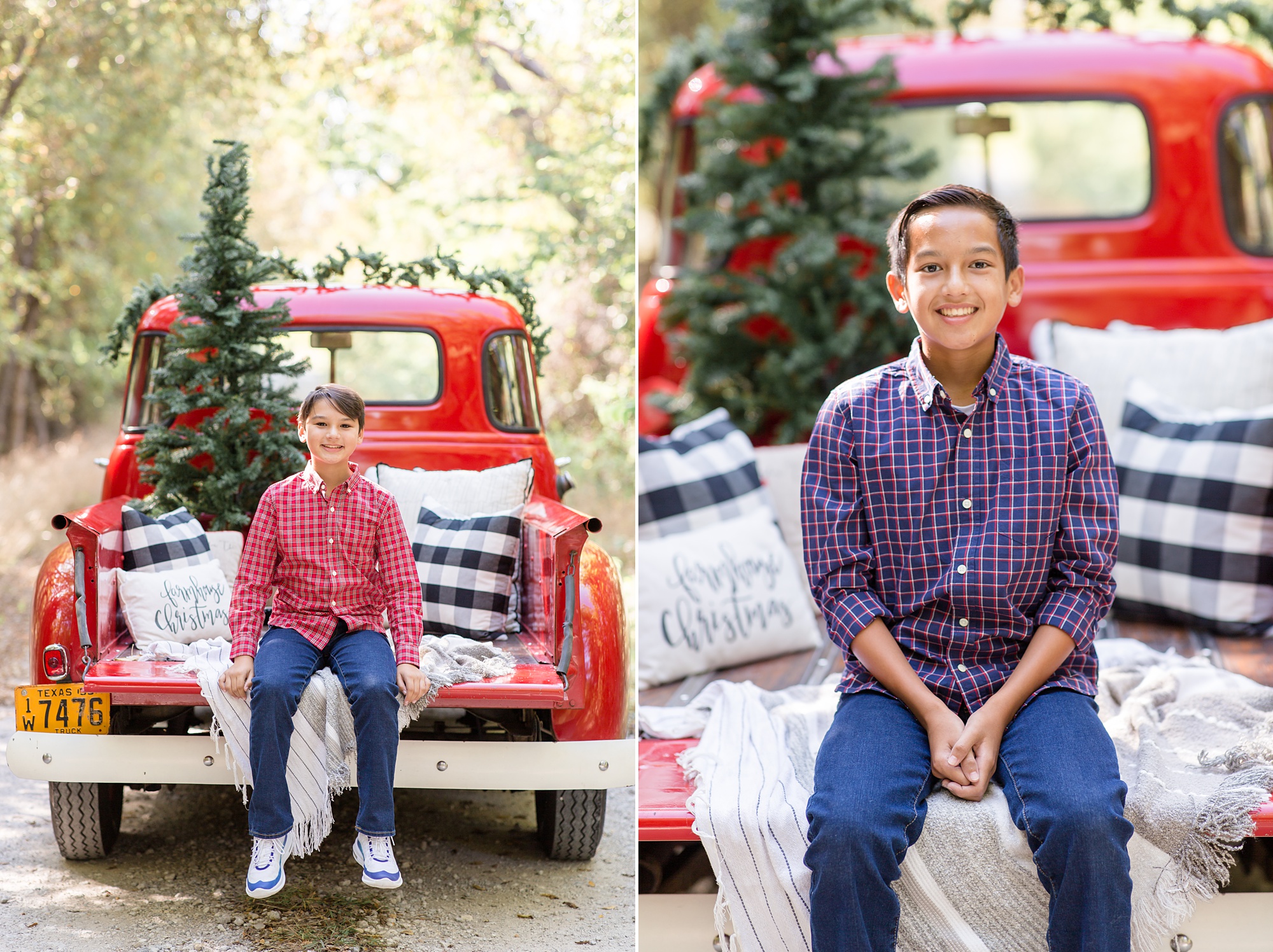 siblings sit on truck bed during TX Red Truck Christmas minis