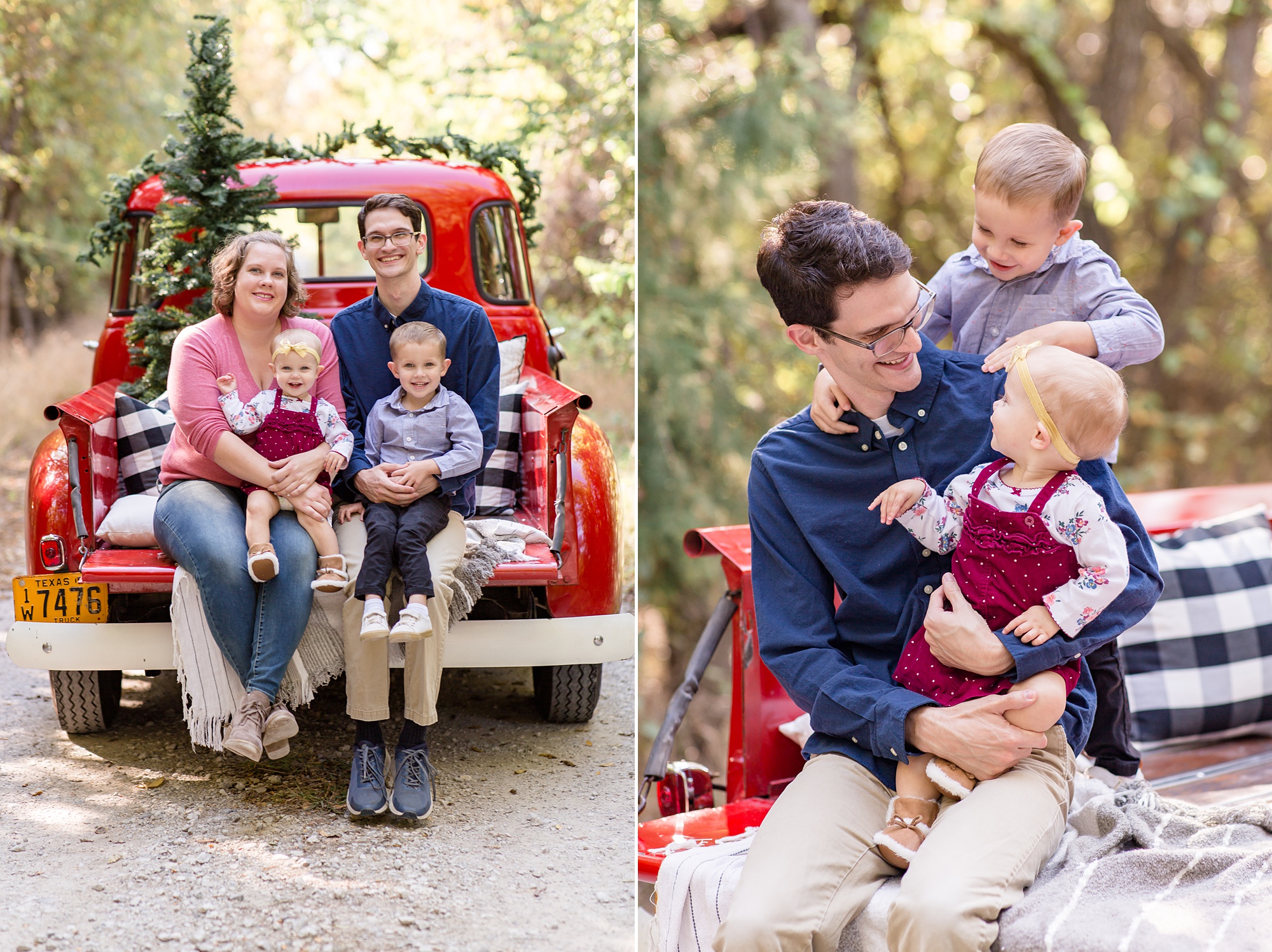 family of four sits on red truck during Red Truck Christmas minis