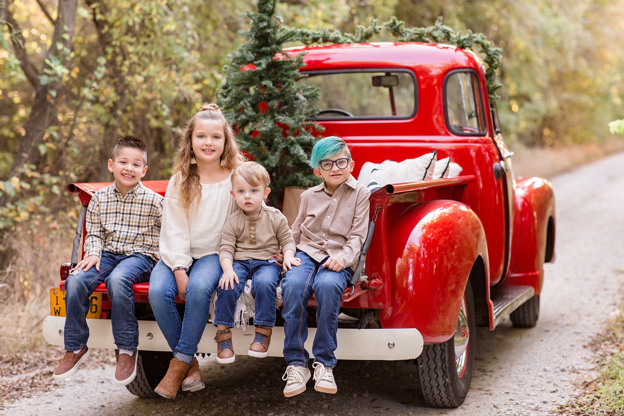 Red Truck Christmas minis with cousins on truck bed