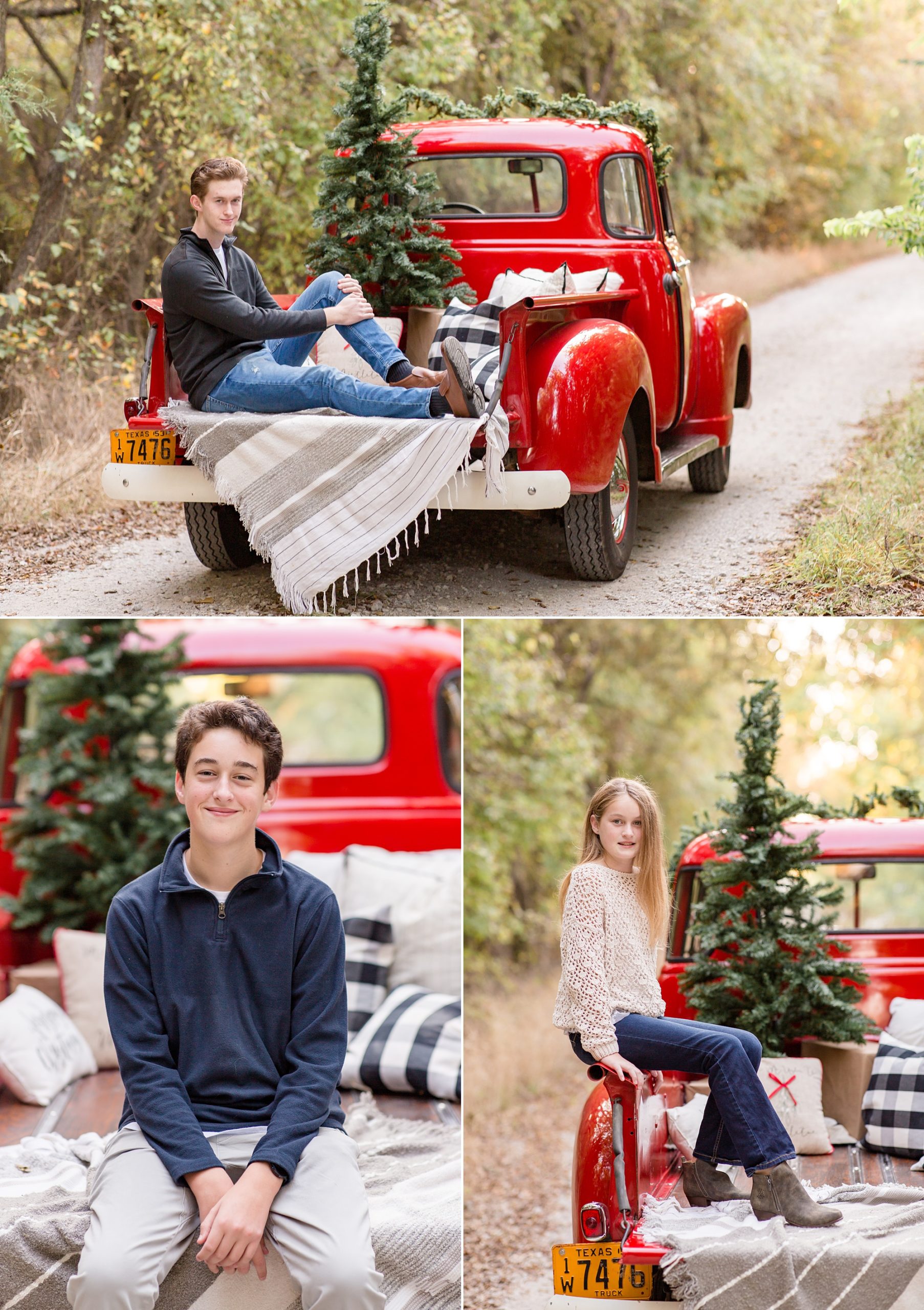 kids sit on vintage red truck during McKinney TX mini sessions