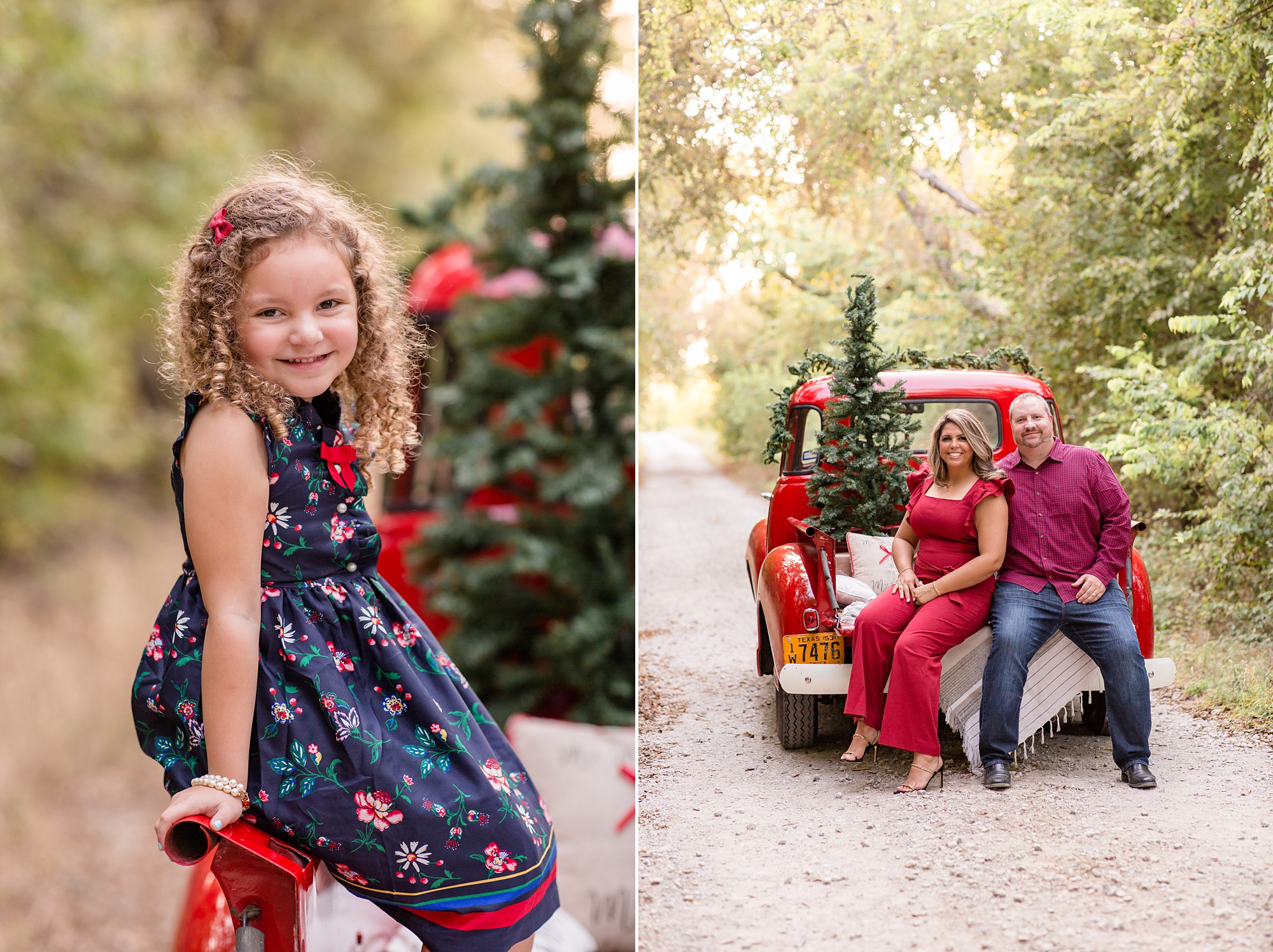 parents sit on bed of red truck during McKinney TX mini sessions