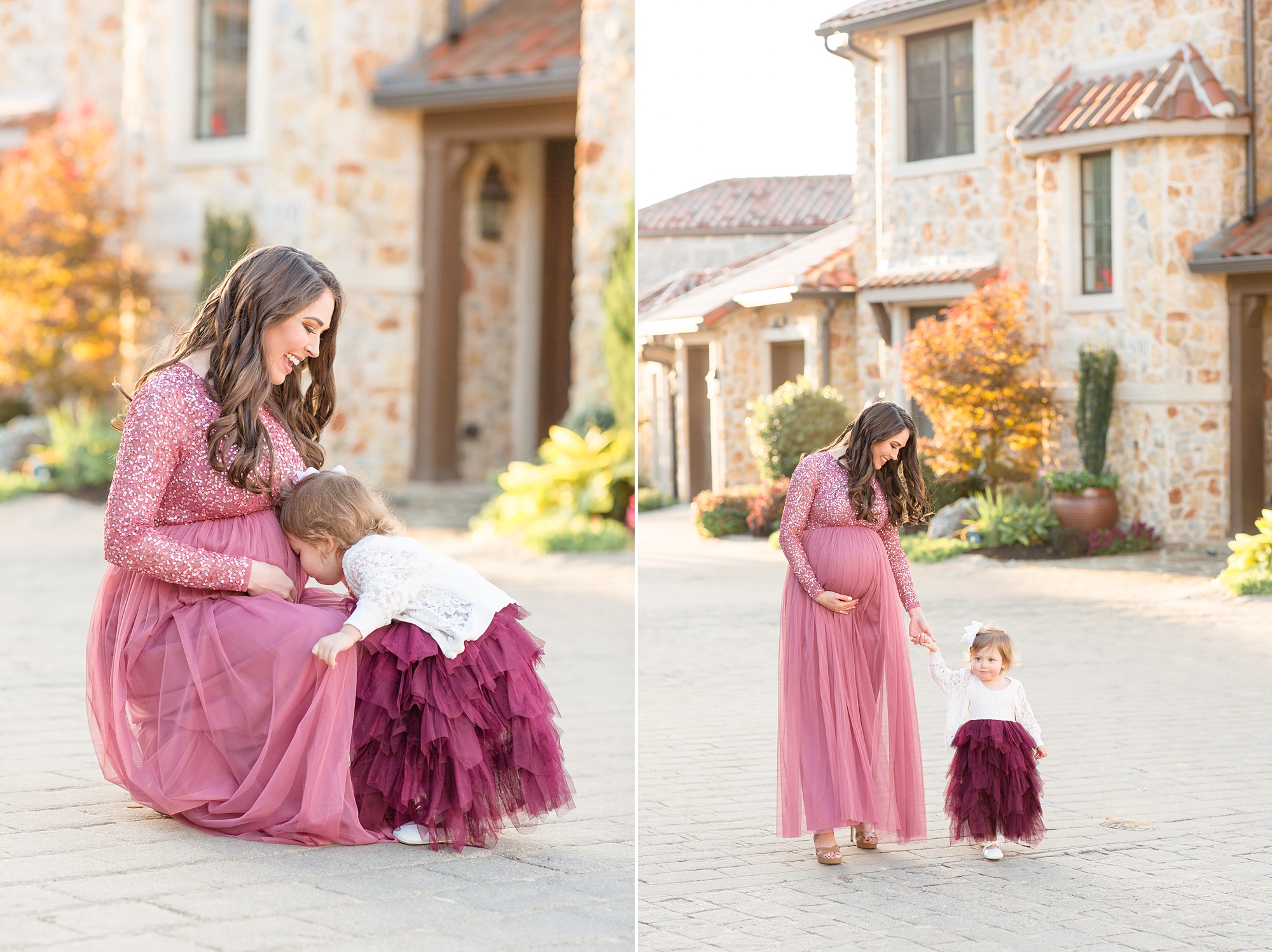 expecting mom plays with toddler in red dress during maternity session