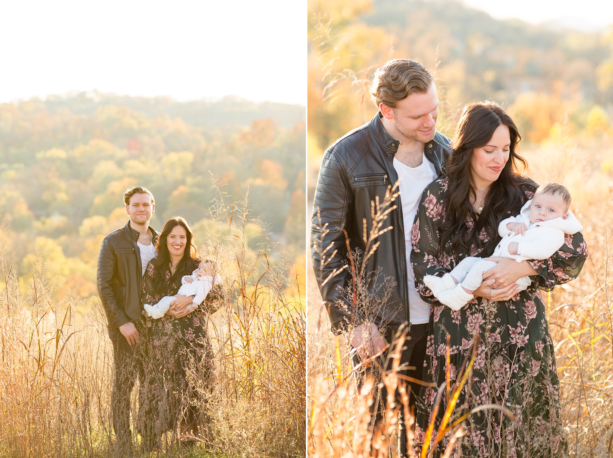 fall Nashville family portraits in field at golden hour