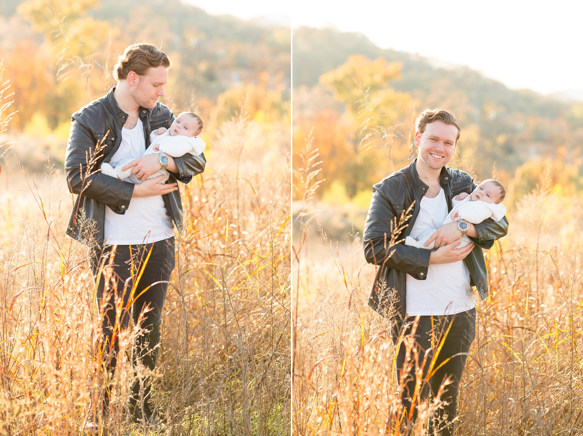dad in leather jacket holds son during Nashville family portraits