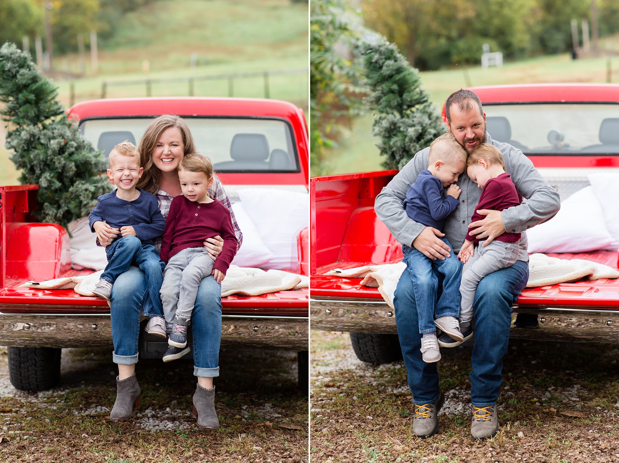 parents hug young brothers during Tennessee Red Truck Christmas Minis