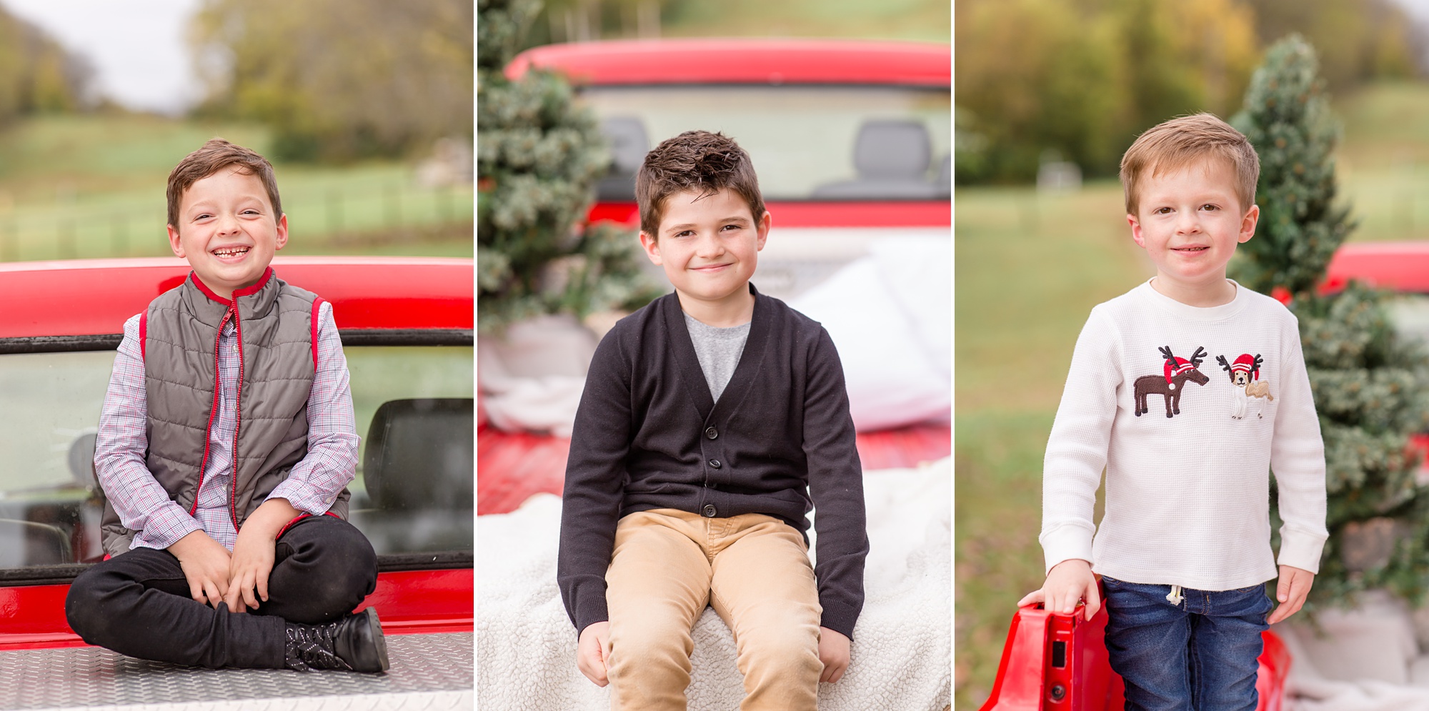 three boys pose on truck for holiday mini sessions