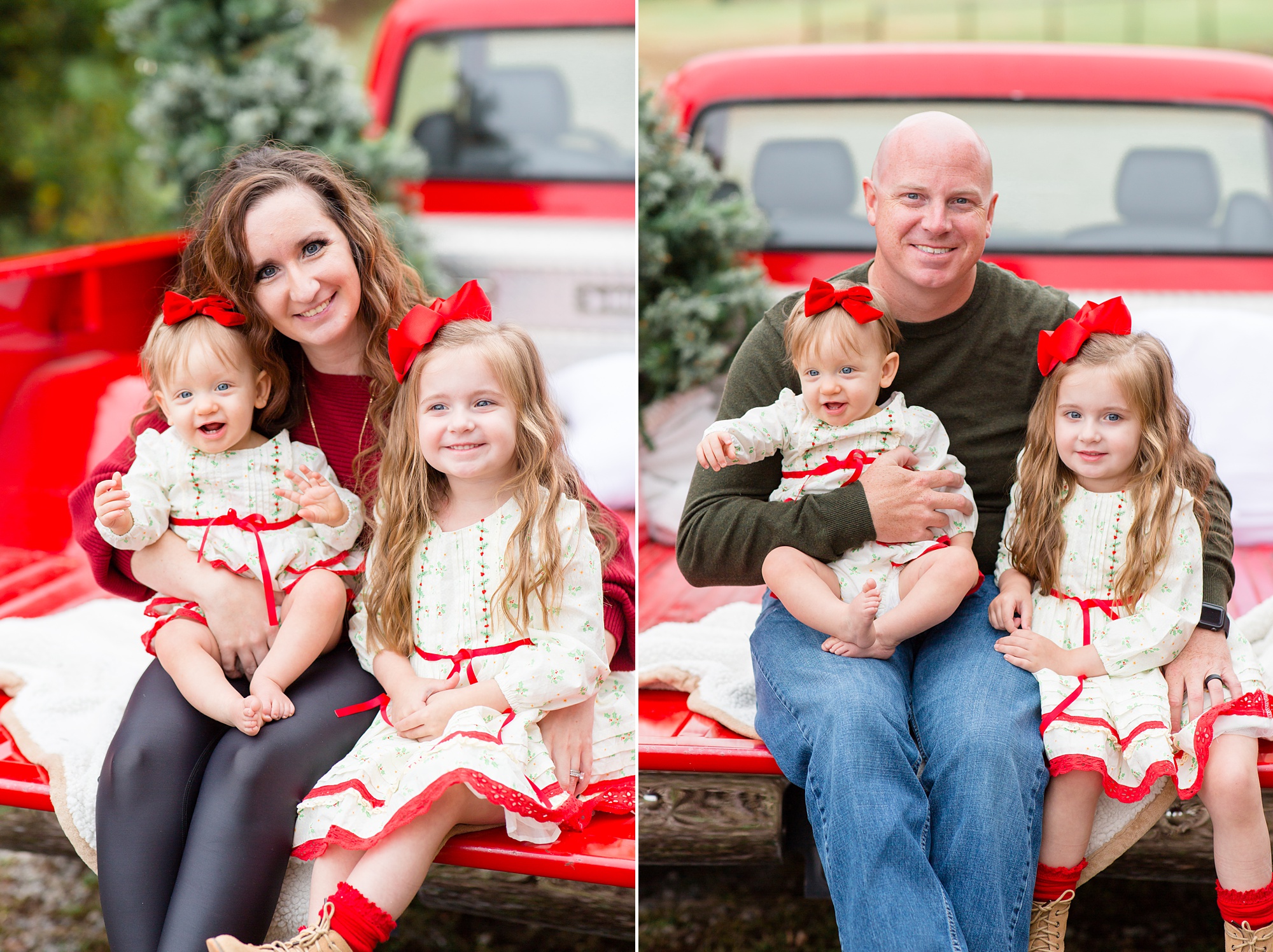 mom and dad sit with daughters during Tennessee Red Truck Christmas Minis