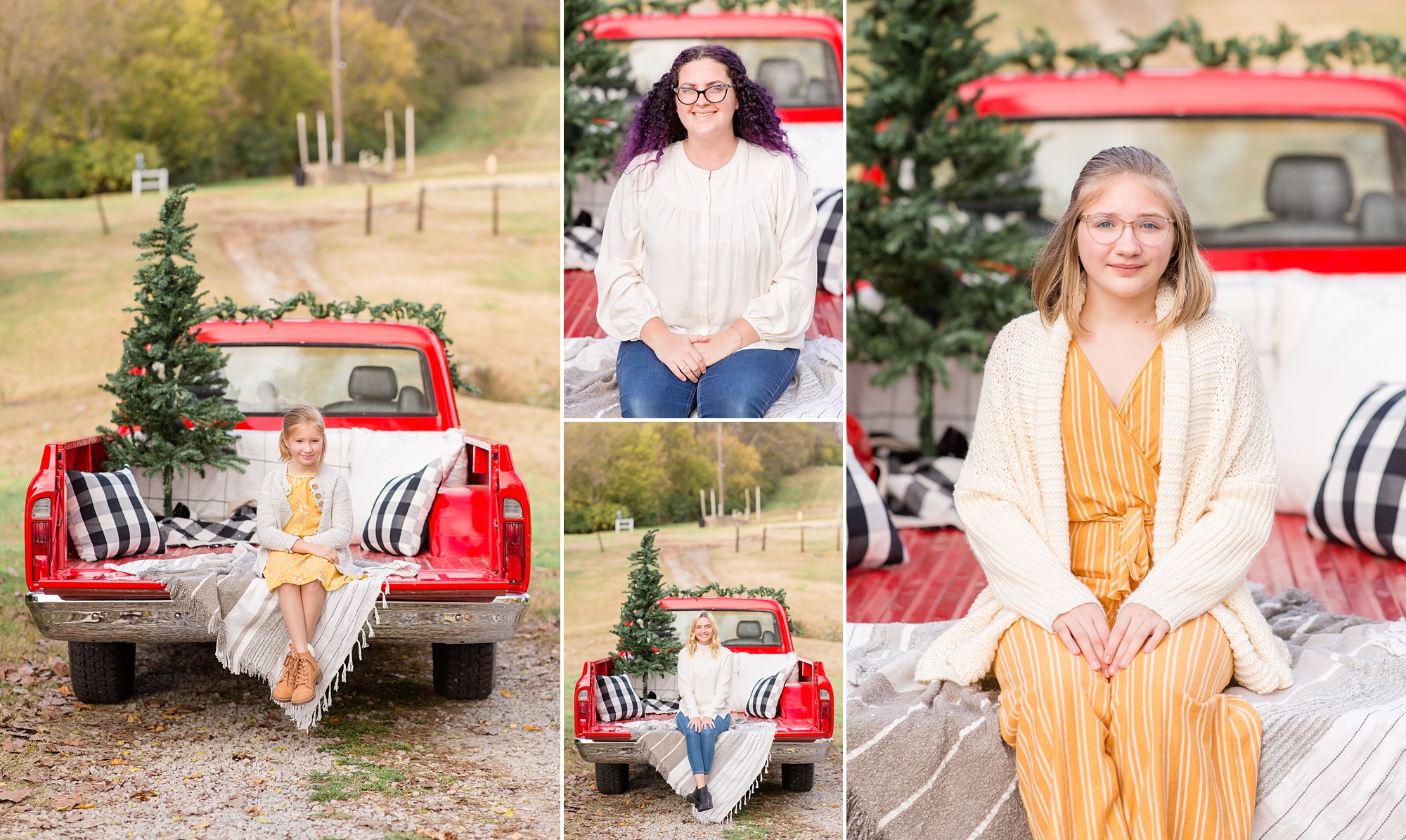 sisters sit on truck bed in Nashville TN for holiday photos