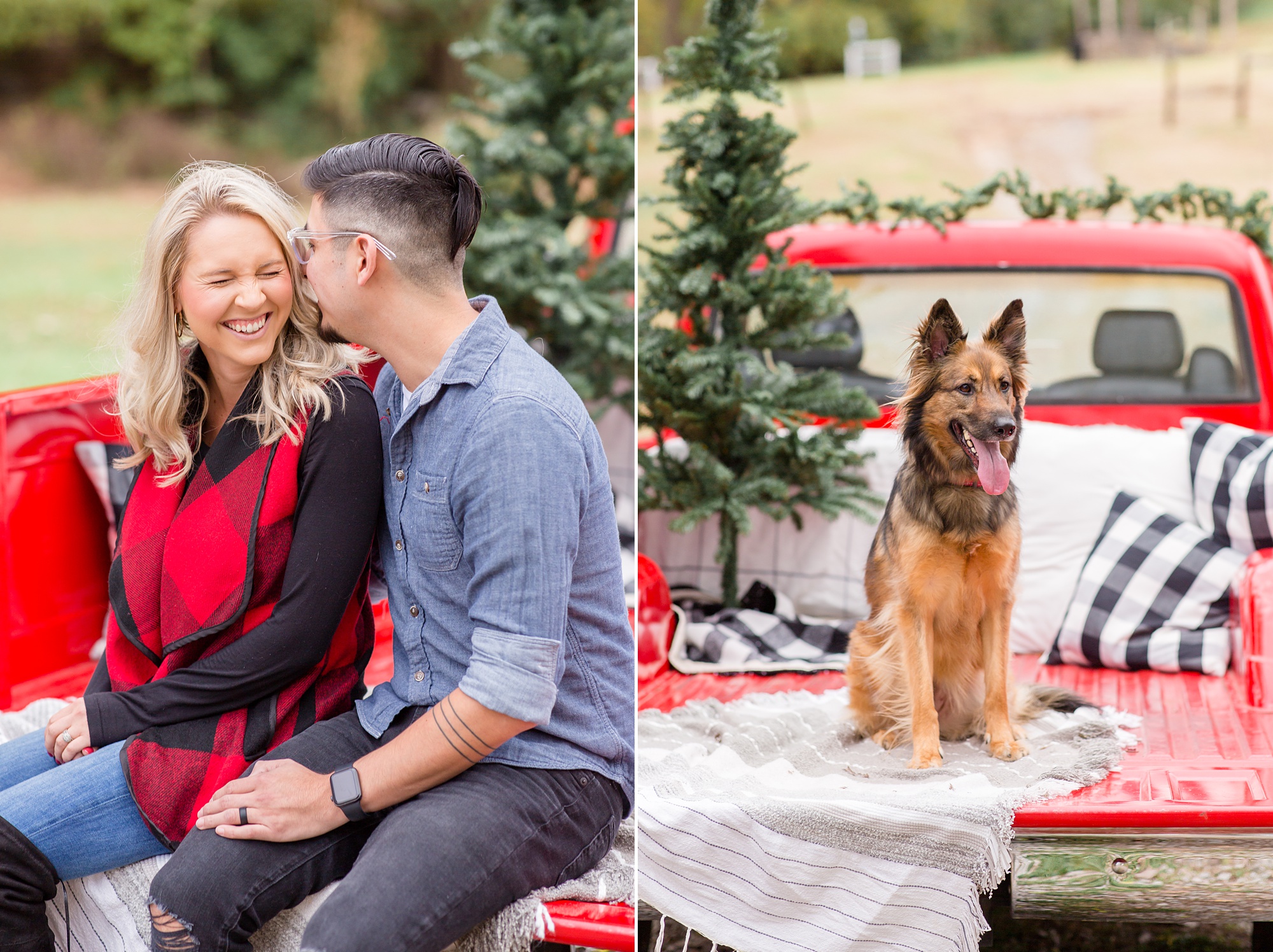 husband and wife pose with dog during Tennessee Red Truck Christmas Minis