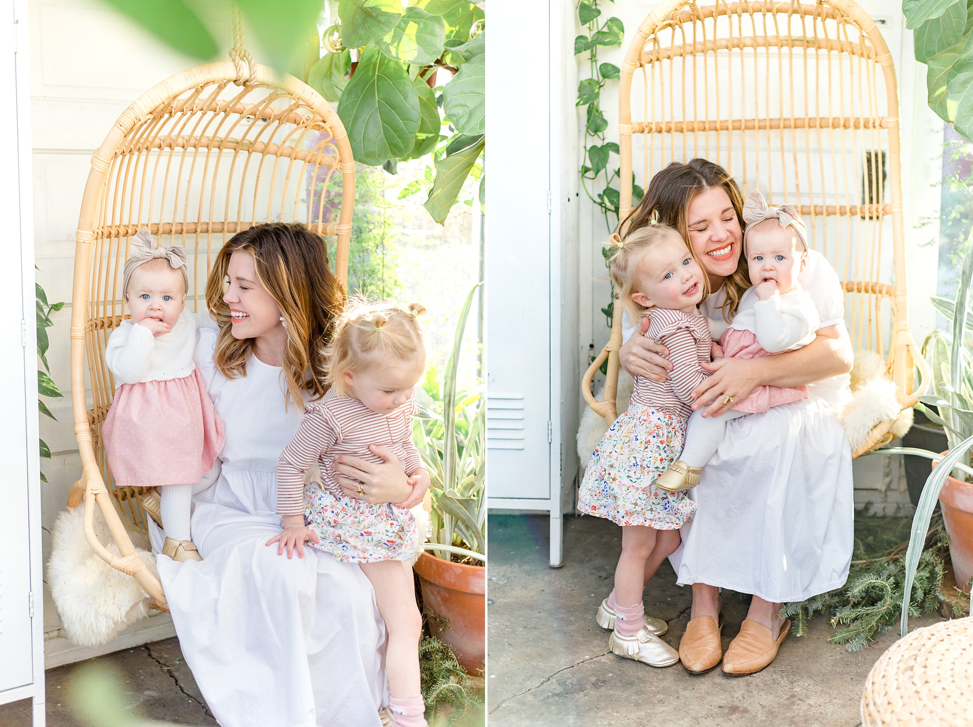 Nashville TN family photographer captures mom and girls in boho swing at ast Nash Greenhouse