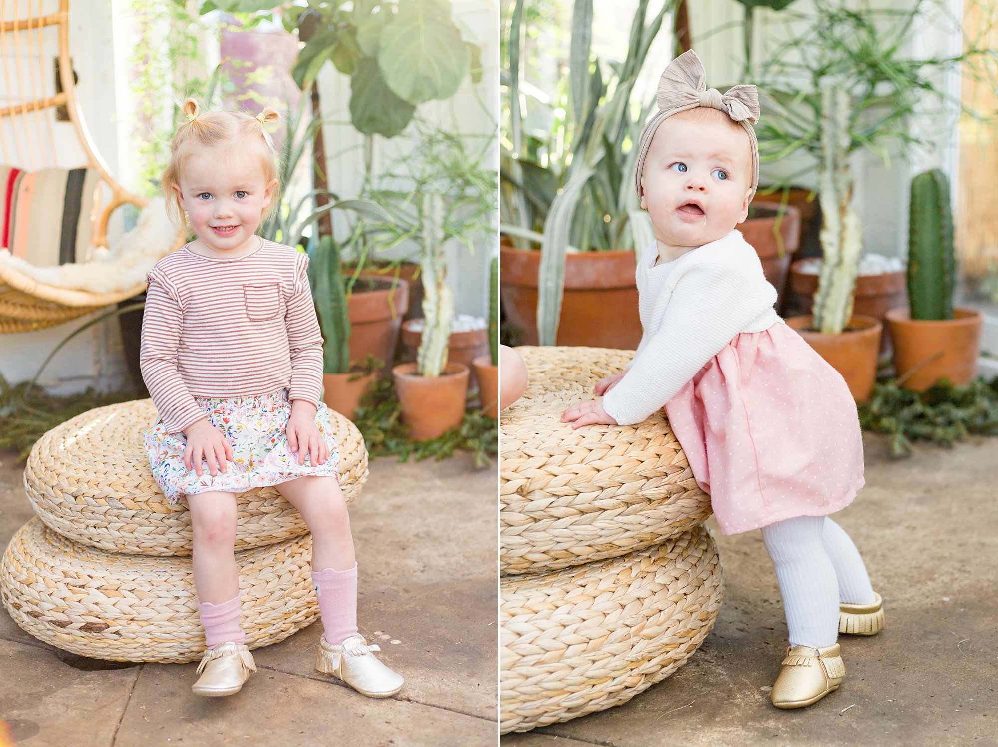 Tennessee family photographer Rebecca Rice Photography captures toddlers playing on ottoman at greenhouse