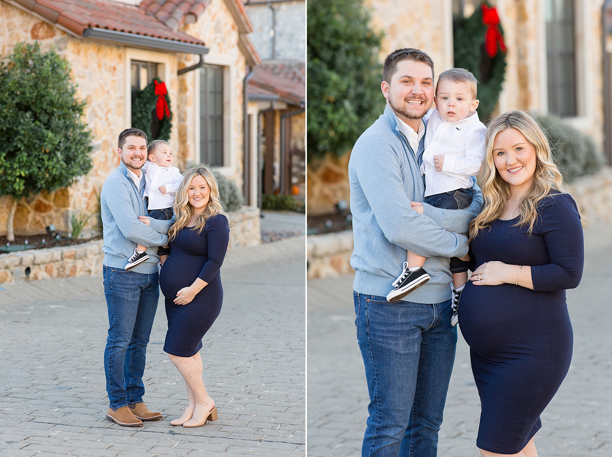expecting mom poses with toddler and husband