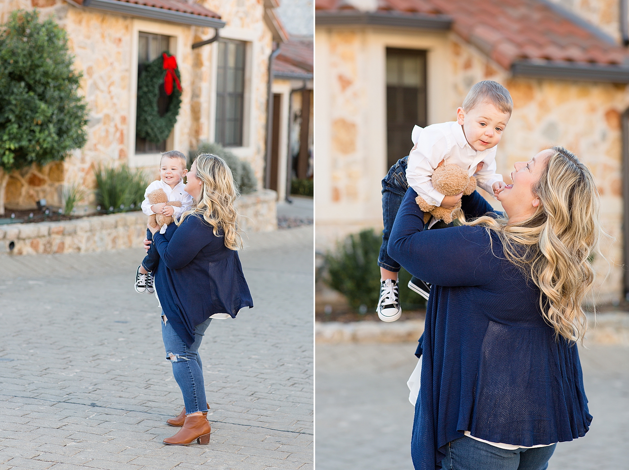 grandmother plays with grandson during family photos in Texas