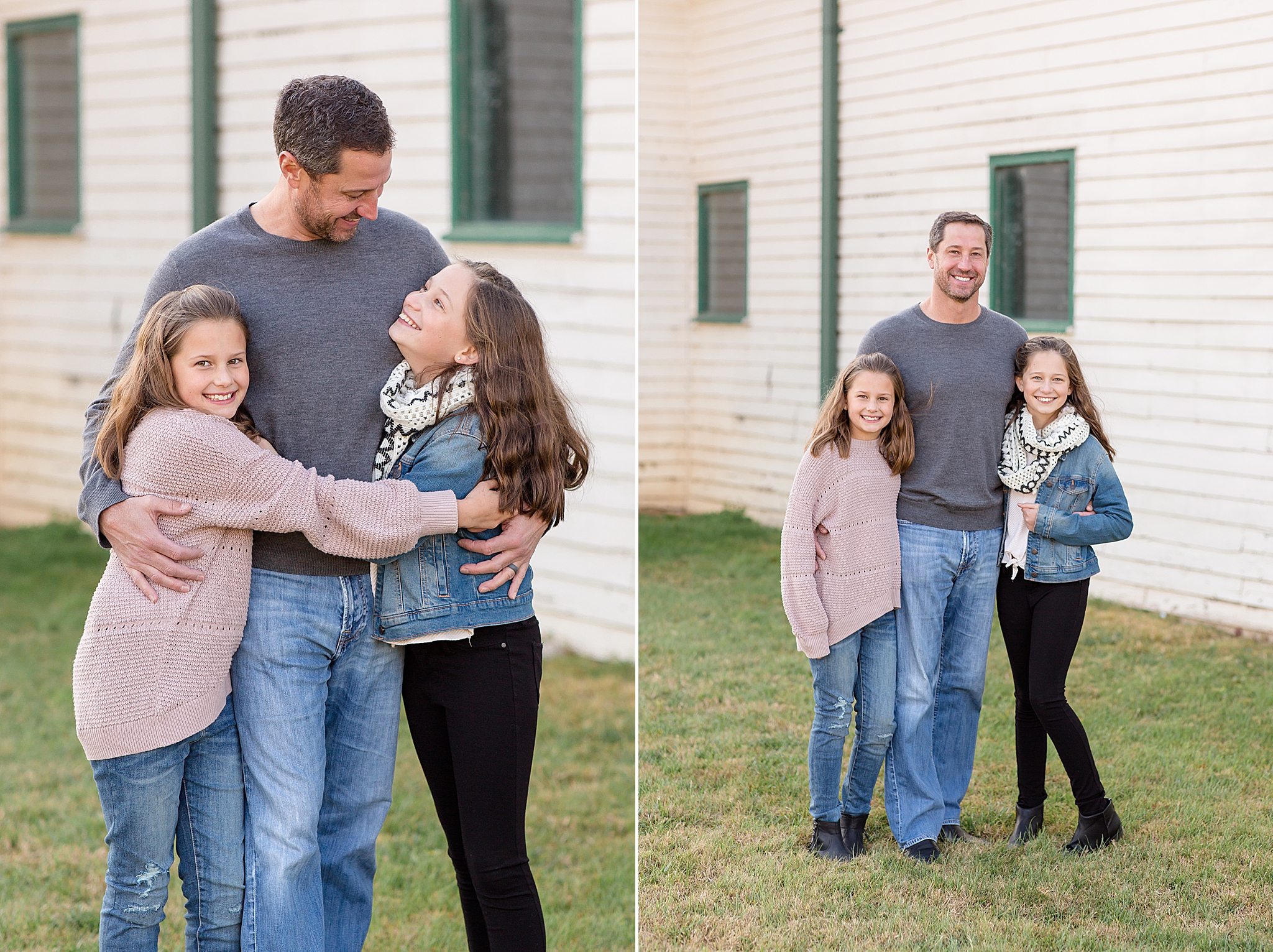 dad hugs daughters during Harlinsdale Farm family photos