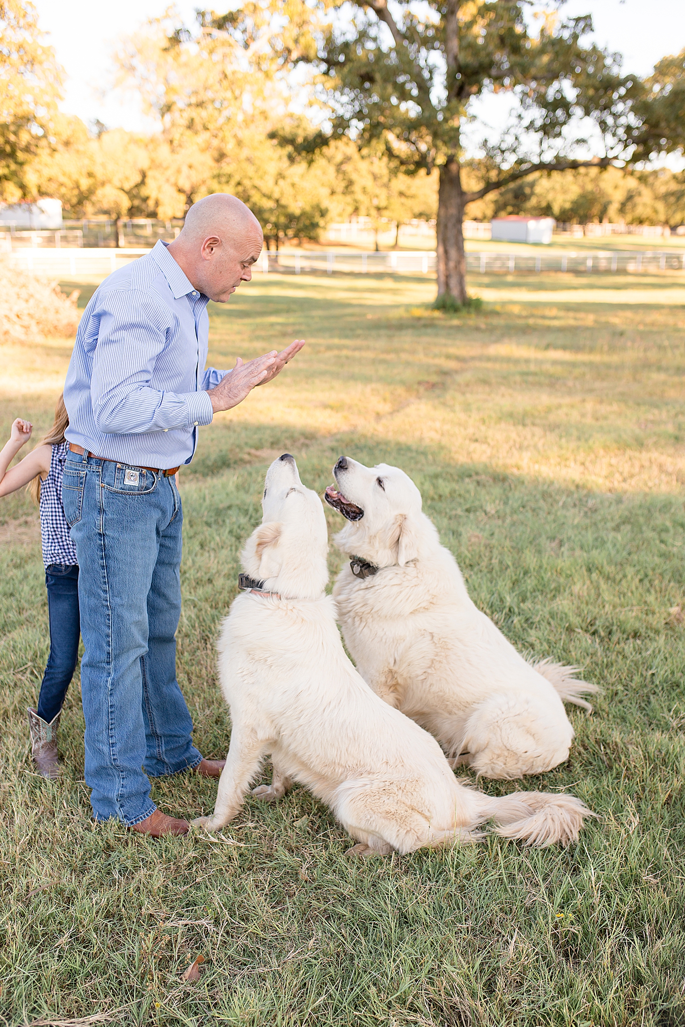 dad talks to white dogs during Texas family portraits